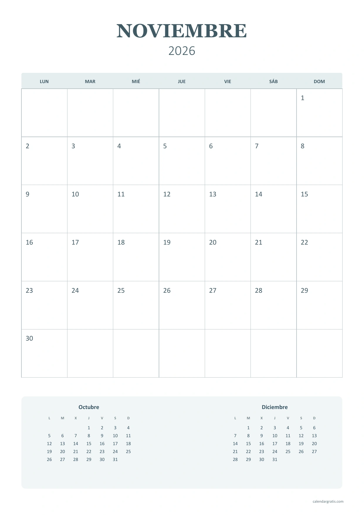 Calendario de noviembre de 2026 de lunes a domingo: calendario vertical de noviembre con minicalendarios de octubre y diciembre.
