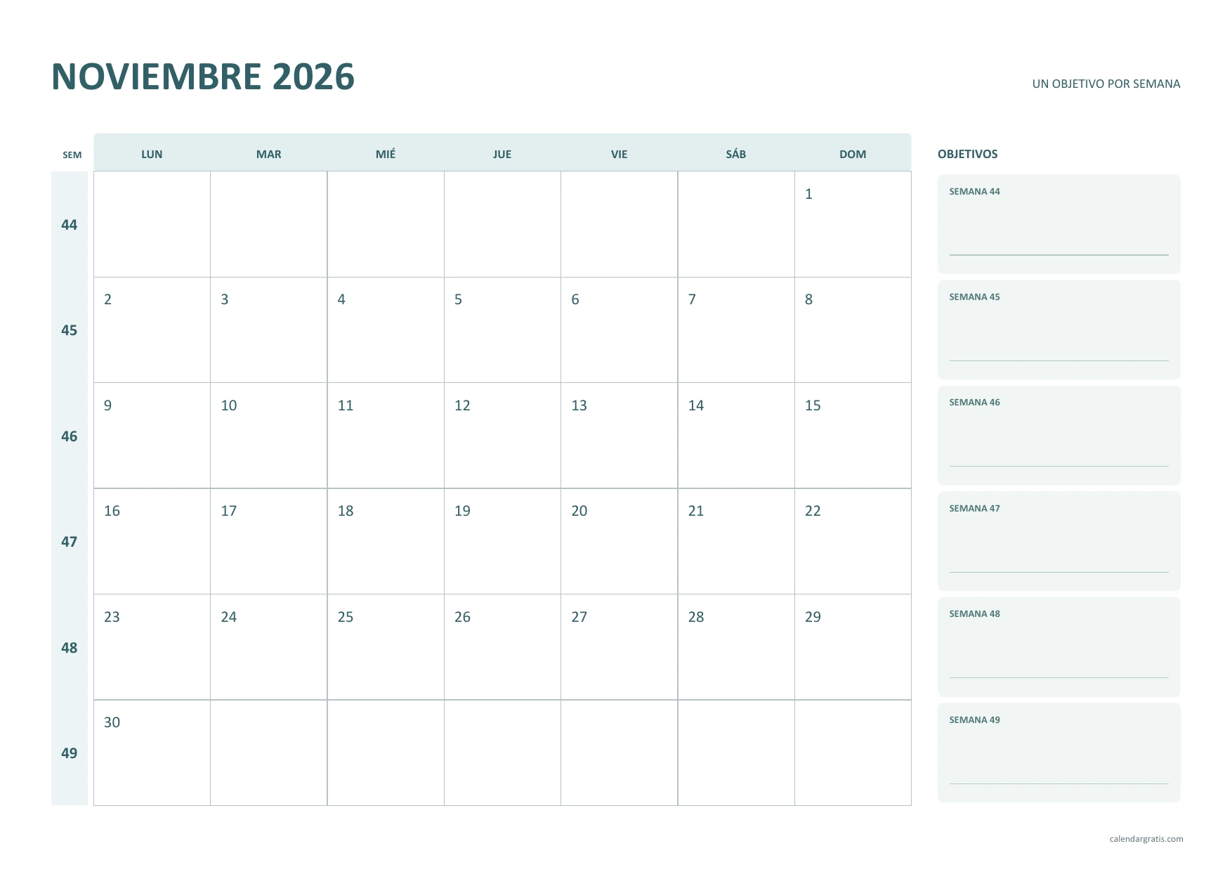Calendario de noviembre de 2026 de lunes a domingo: calendario horizontal con semanas ISO del 44 al 49 y columna de objetivos semanales.