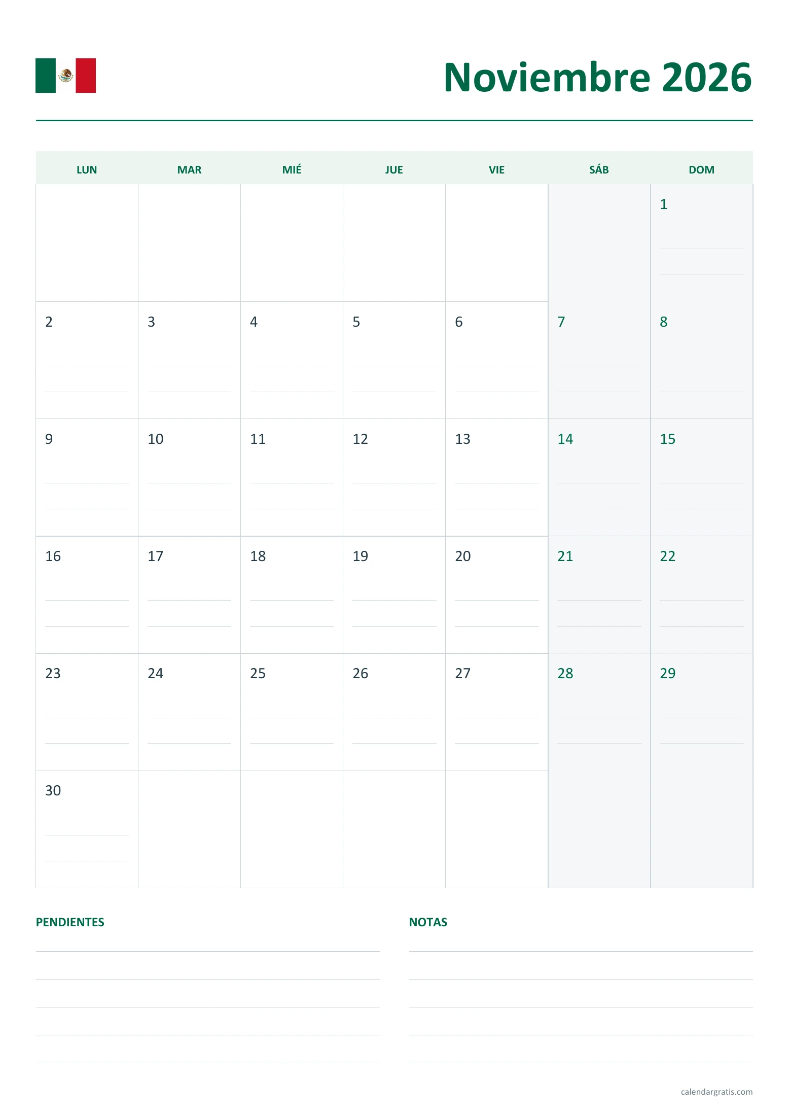 Calendario noviembre 2026 México: agenda con renglones.