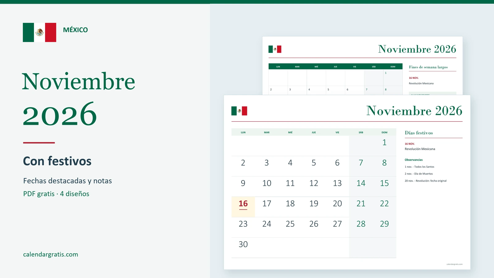 Calendario de noviembre de 2026 de México con festivos destacados y espacio para notas.