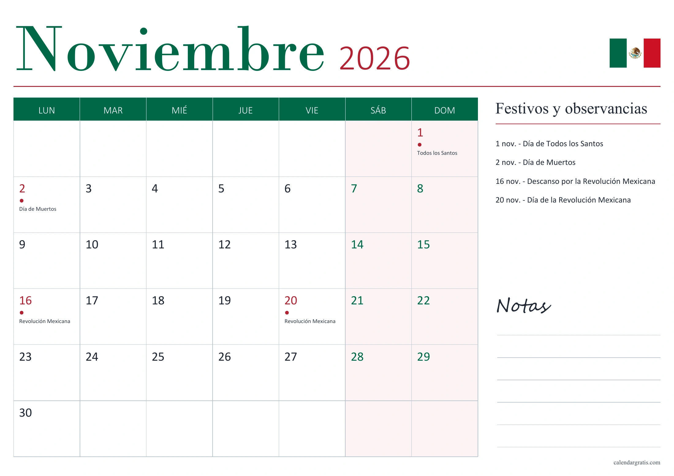 Calendario de noviembre de 2026 de México, con fechas señaladas, lista de festivos y observancias y espacio para notas.