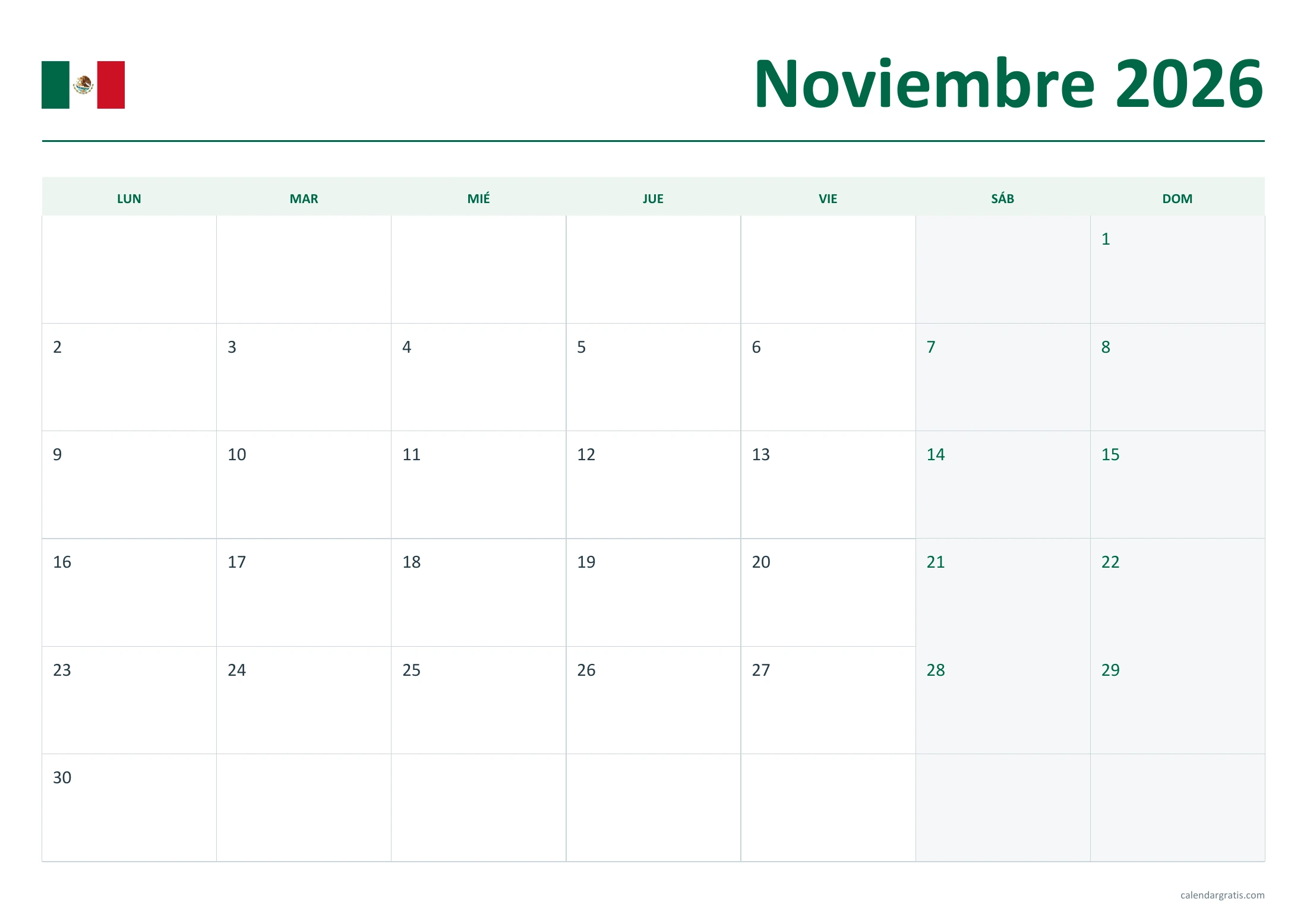Calendario noviembre 2026 México: cuadrícula limpia.