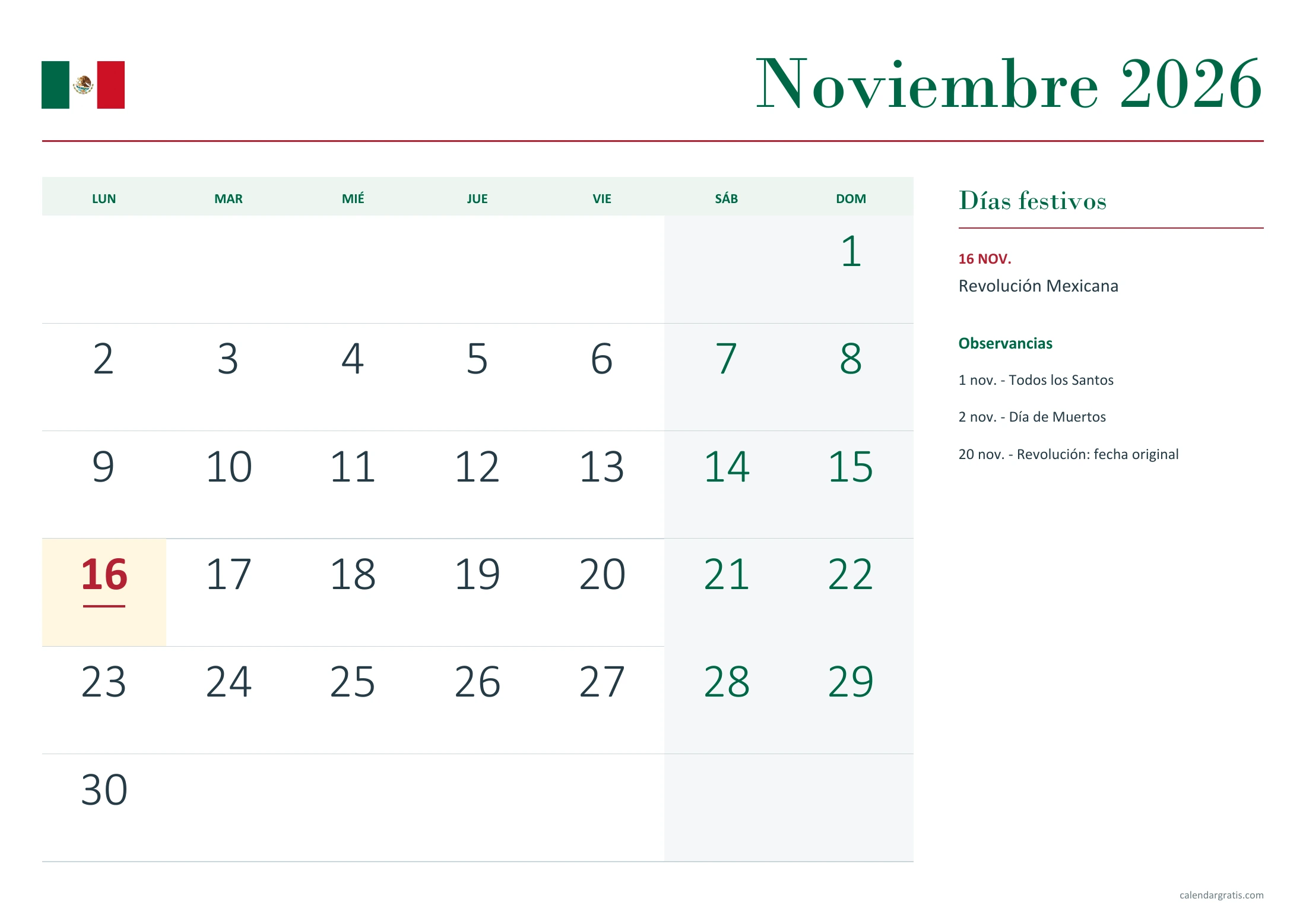 México: noviembre con festivos