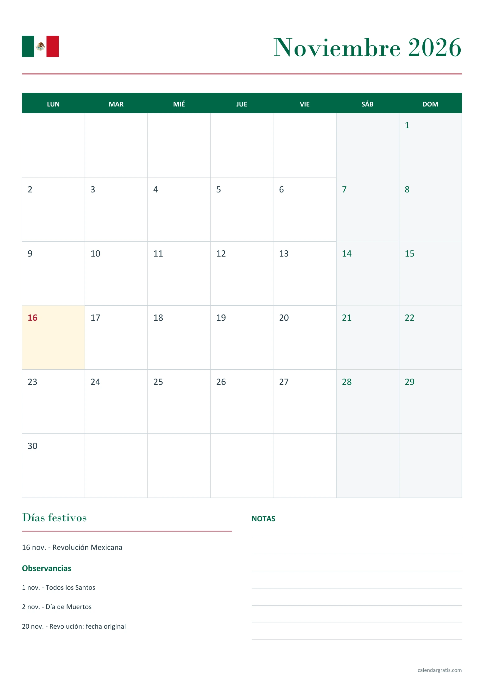 Calendario noviembre 2026 México: feriados y notas.