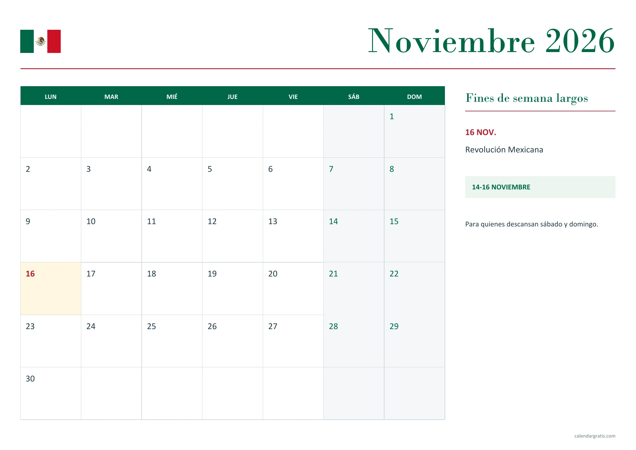 Calendario noviembre 2026 México: fines de semana largos.