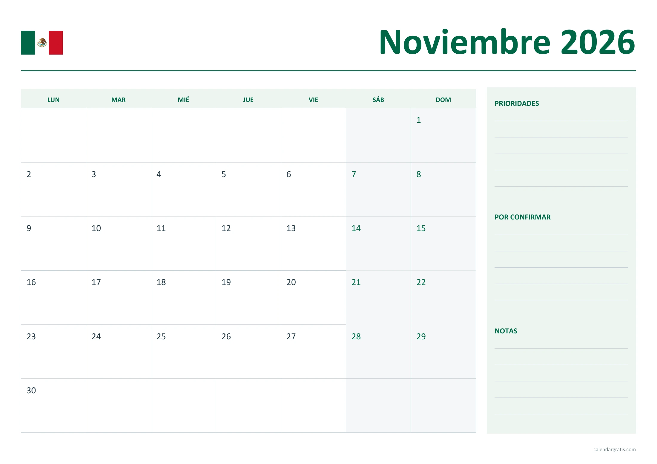 Calendario noviembre 2026 México: planificador mensual.