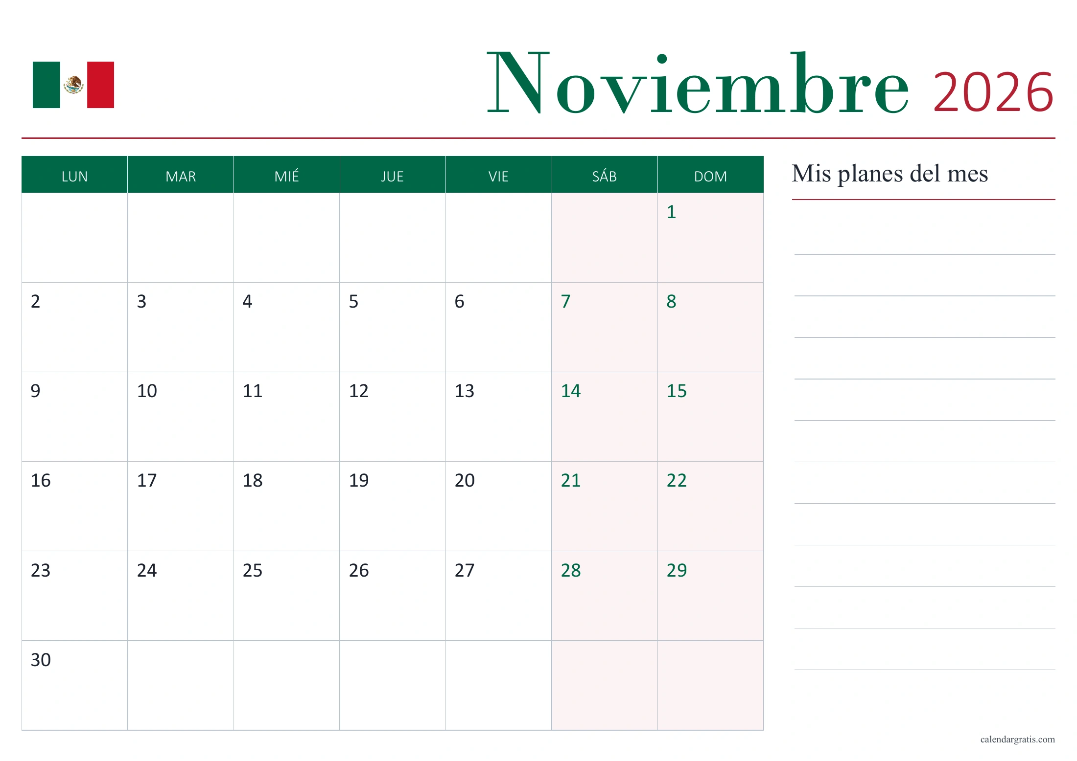 Calendario de noviembre de 2026 de México sin festivos, con bandera y panel «Mis planes del mes».