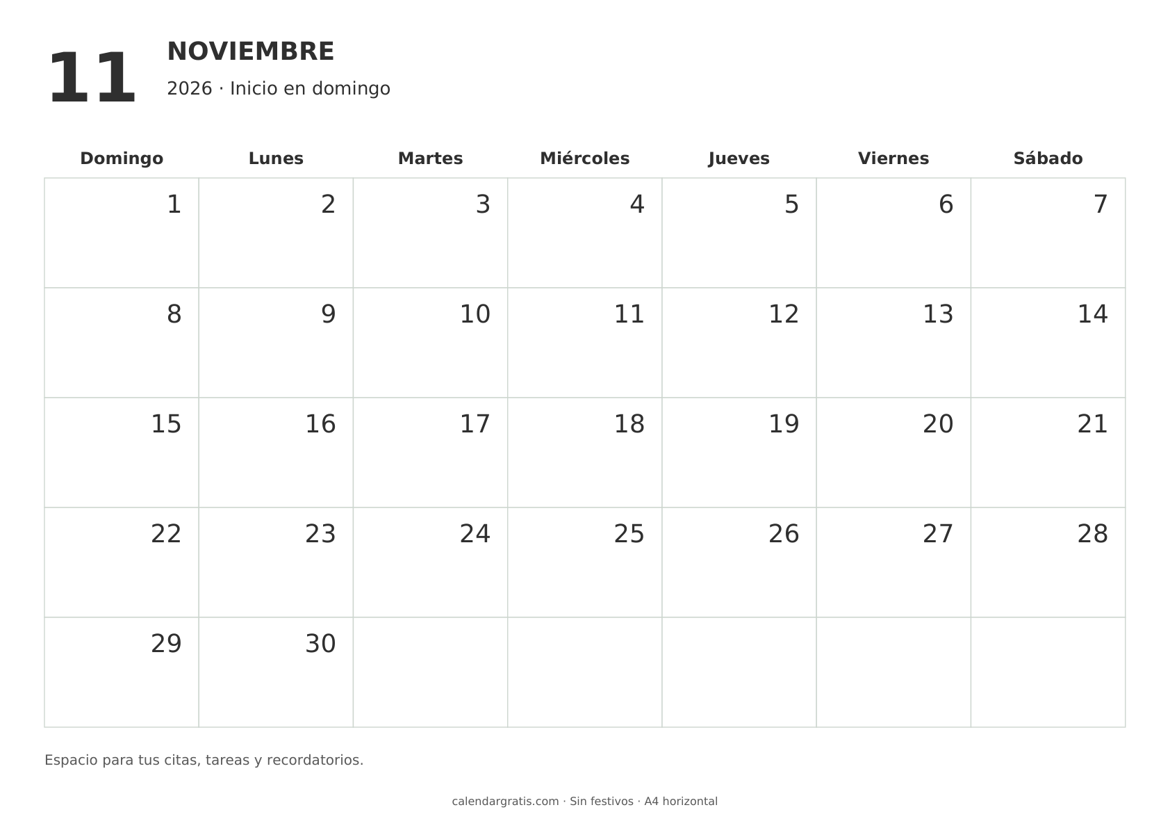 Calendario minimalista de noviembre de 2026 en blanco y negro, con fechas a la derecha e inicio en domingo.