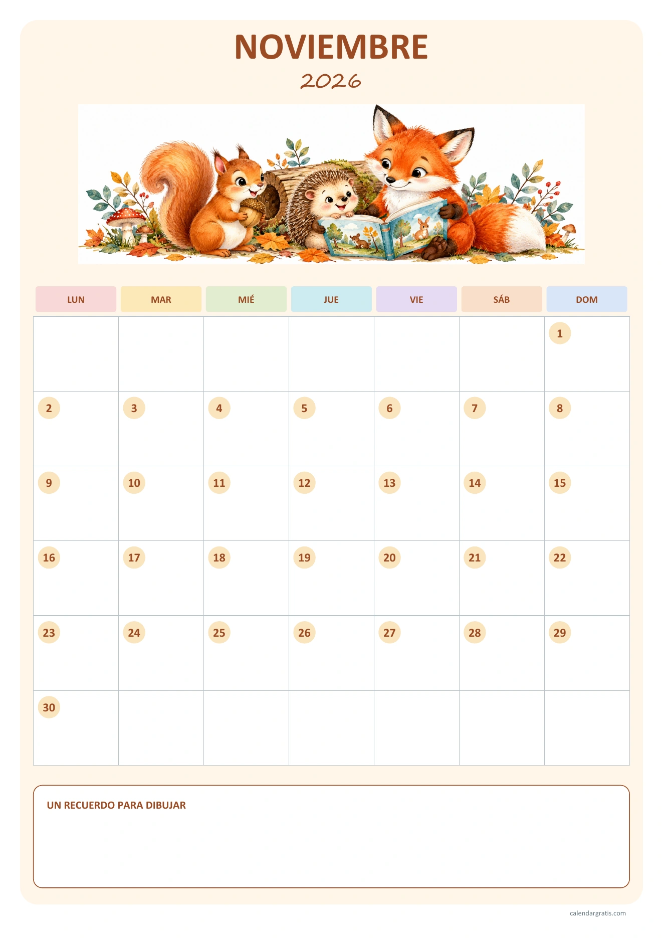 Calendario de noviembre de 2026 para niños: animales del bosque en acuarela, fechas en círculos y espacio para un recuerdo dibujado.