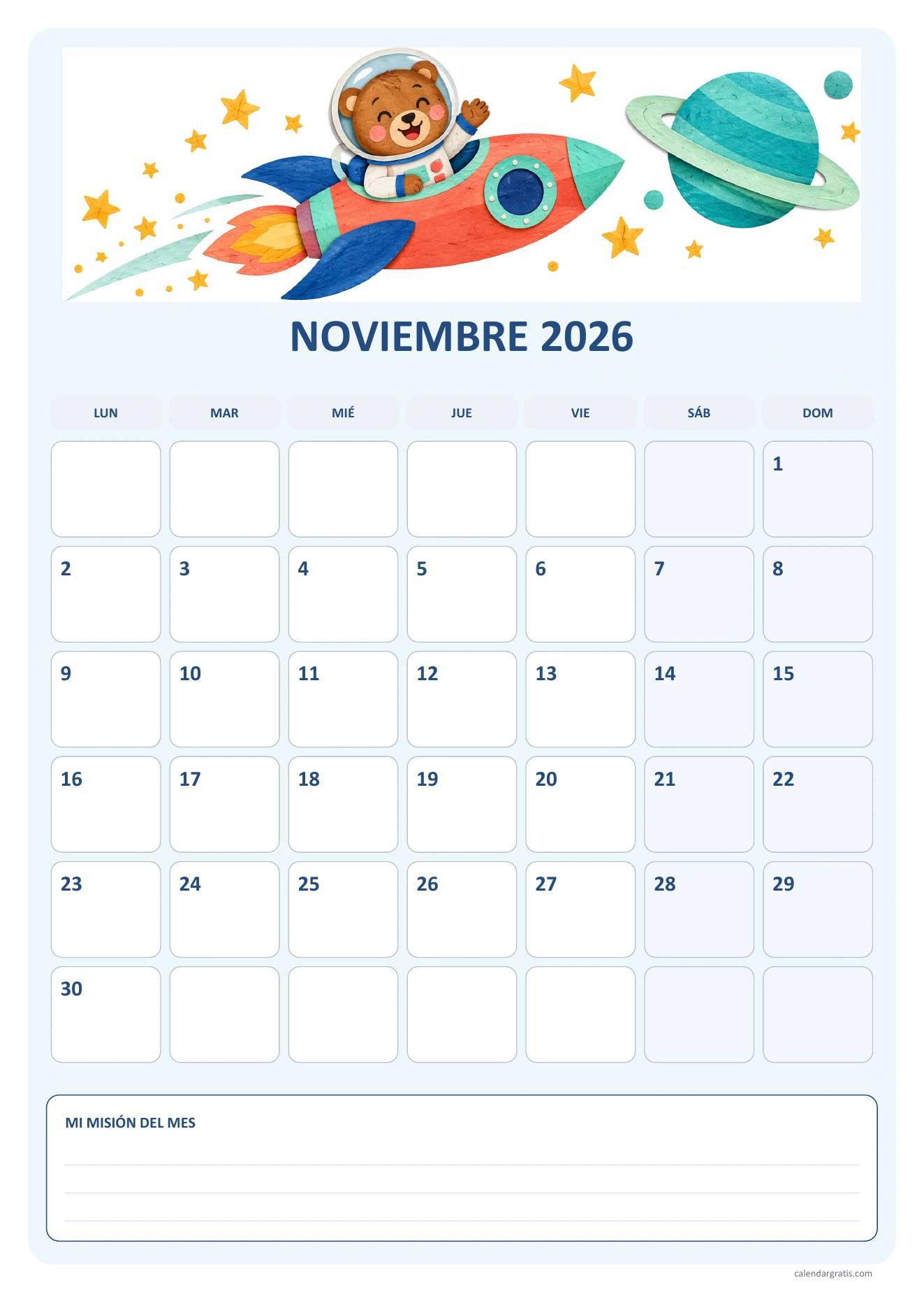 Calendario de noviembre de 2026 para niños: oso astronauta y cohete de papel recortado, casillas redondeadas y una misión del mes.