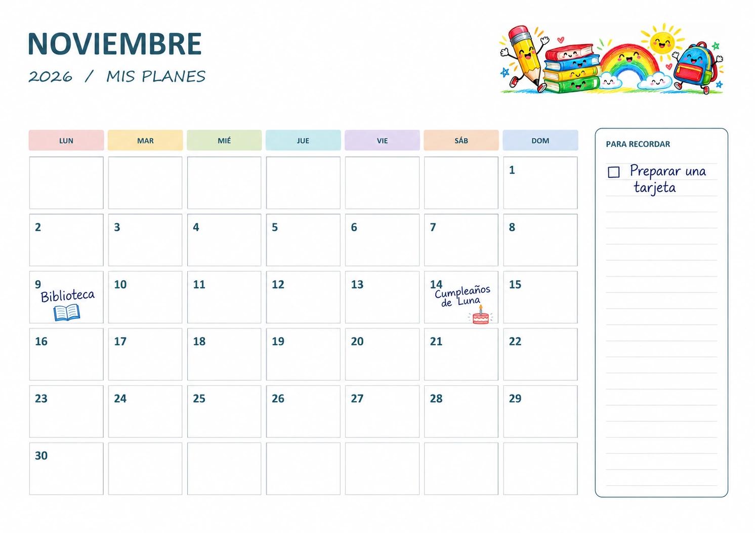 Calendario infantil con Biblioteca el lunes 9, Cumpleaños de Luna el sábado 14 y Preparar una tarjeta en notas.