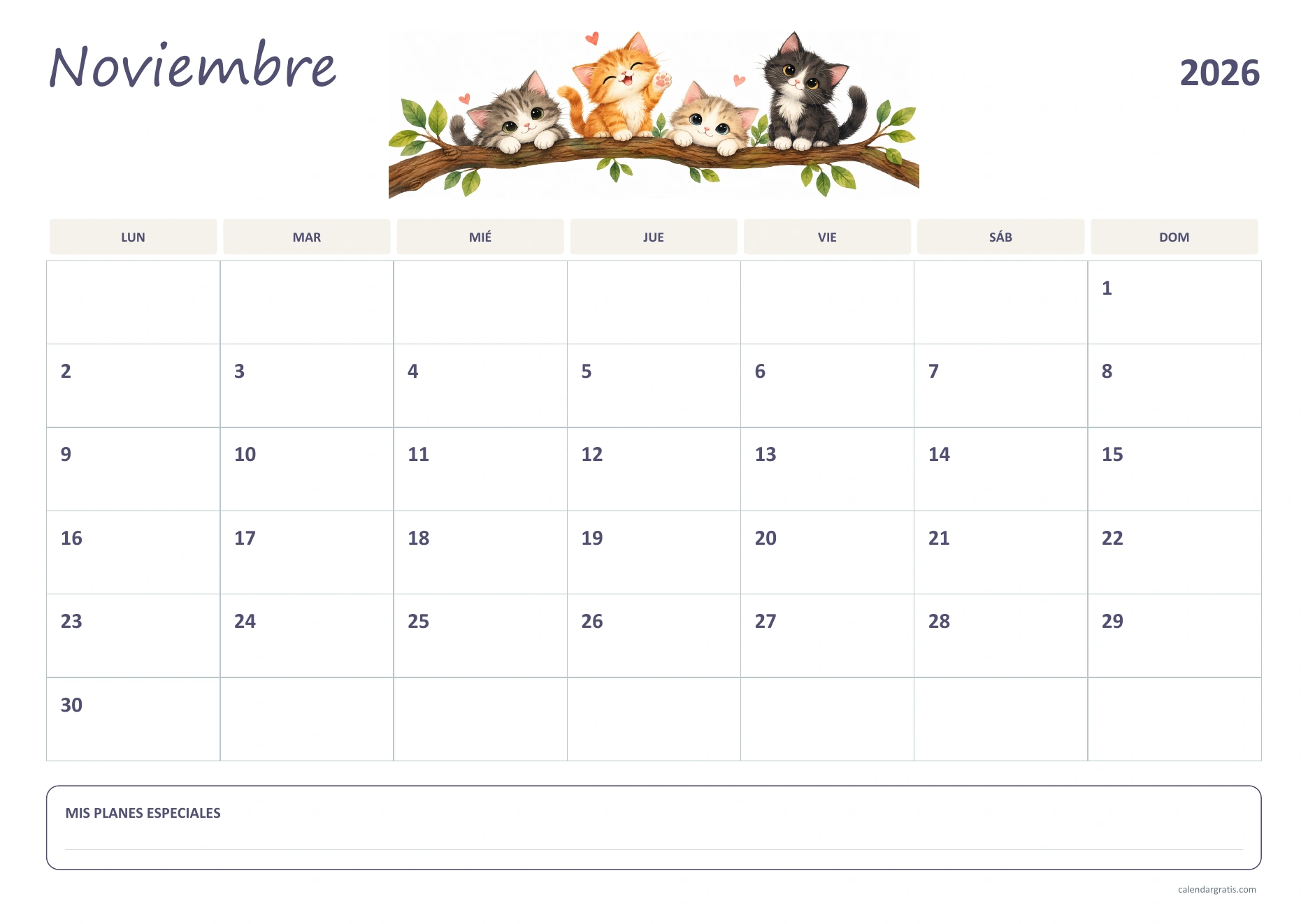 Calendario de noviembre de 2026 para niños: gatitos sobre una rama, casillas amplias y un espacio para planes especiales.