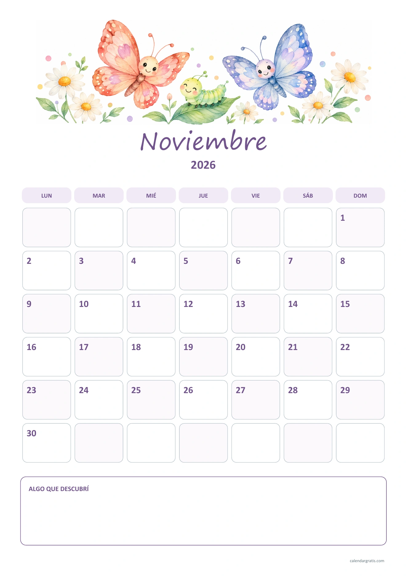 Calendario de noviembre de 2026 para niños: mariposas en acuarela, casillas de bordes suaves y un espacio para dibujar un descubrimiento.