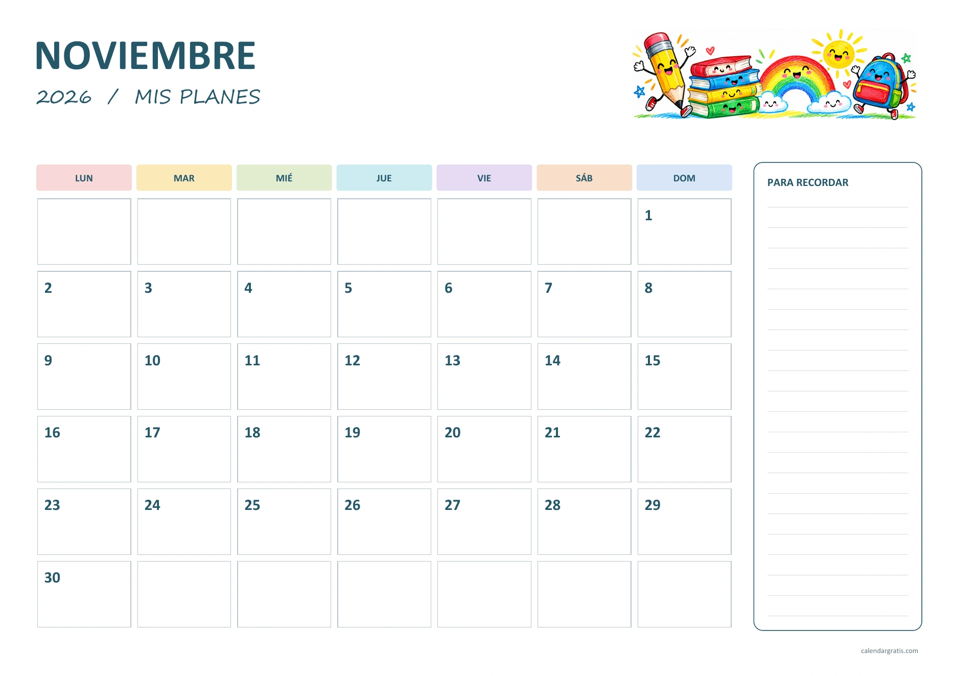 Calendario de noviembre de 2026 para niños: dibujos de material escolar a lápiz de cera, encabezados de colores y panel de recordatorios.