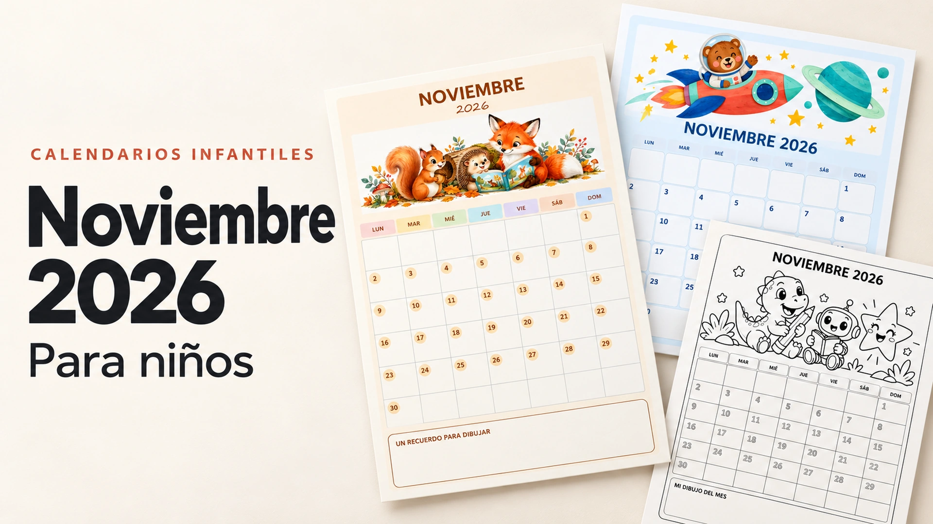 Selección de calendarios infantiles de noviembre de 2026 con animales del bosque, oso astronauta y dibujos para colorear.