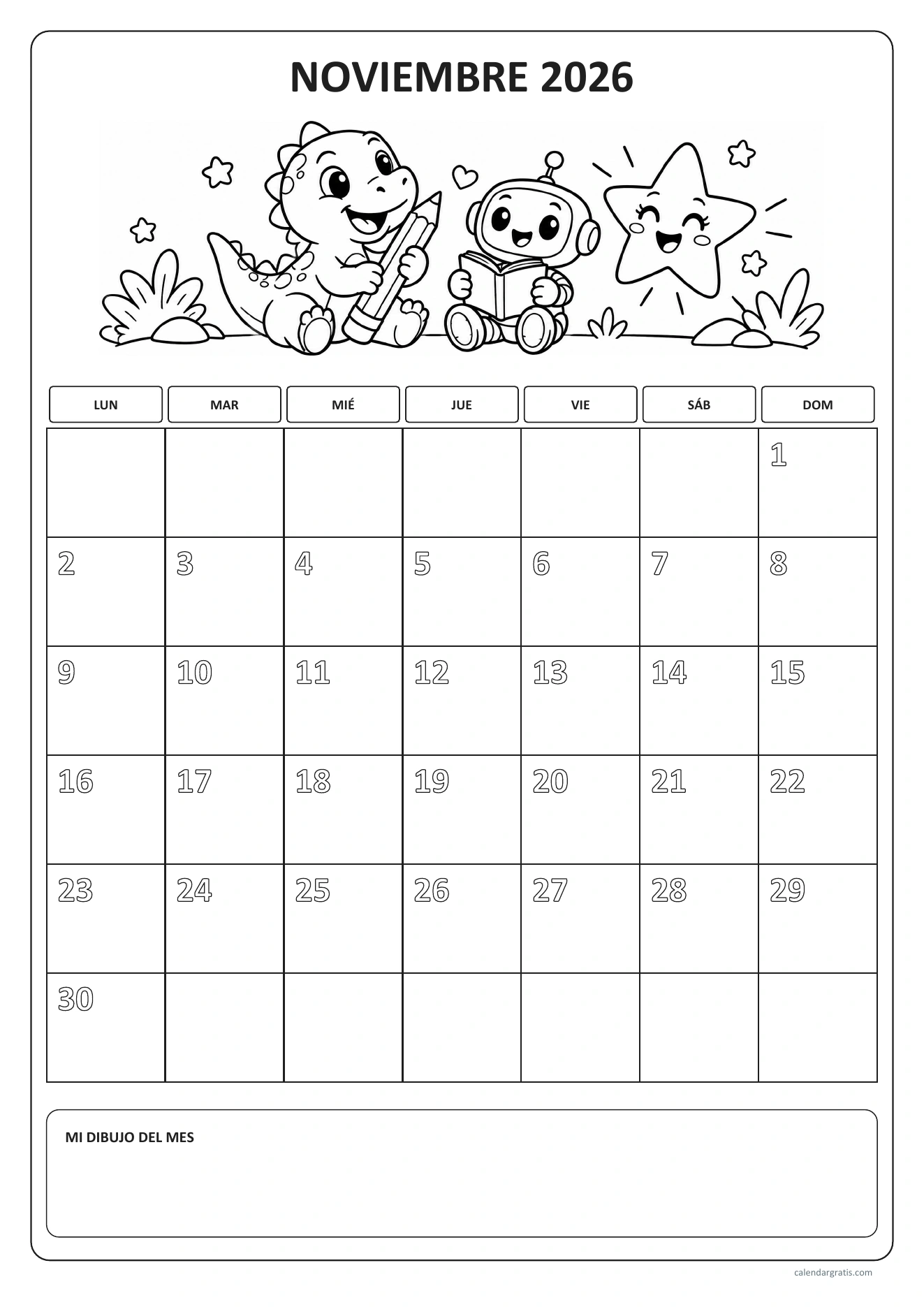 Calendario de noviembre de 2026 para niños: dinosaurio y robot de trazos negros, números de contorno y dibujos para colorear.