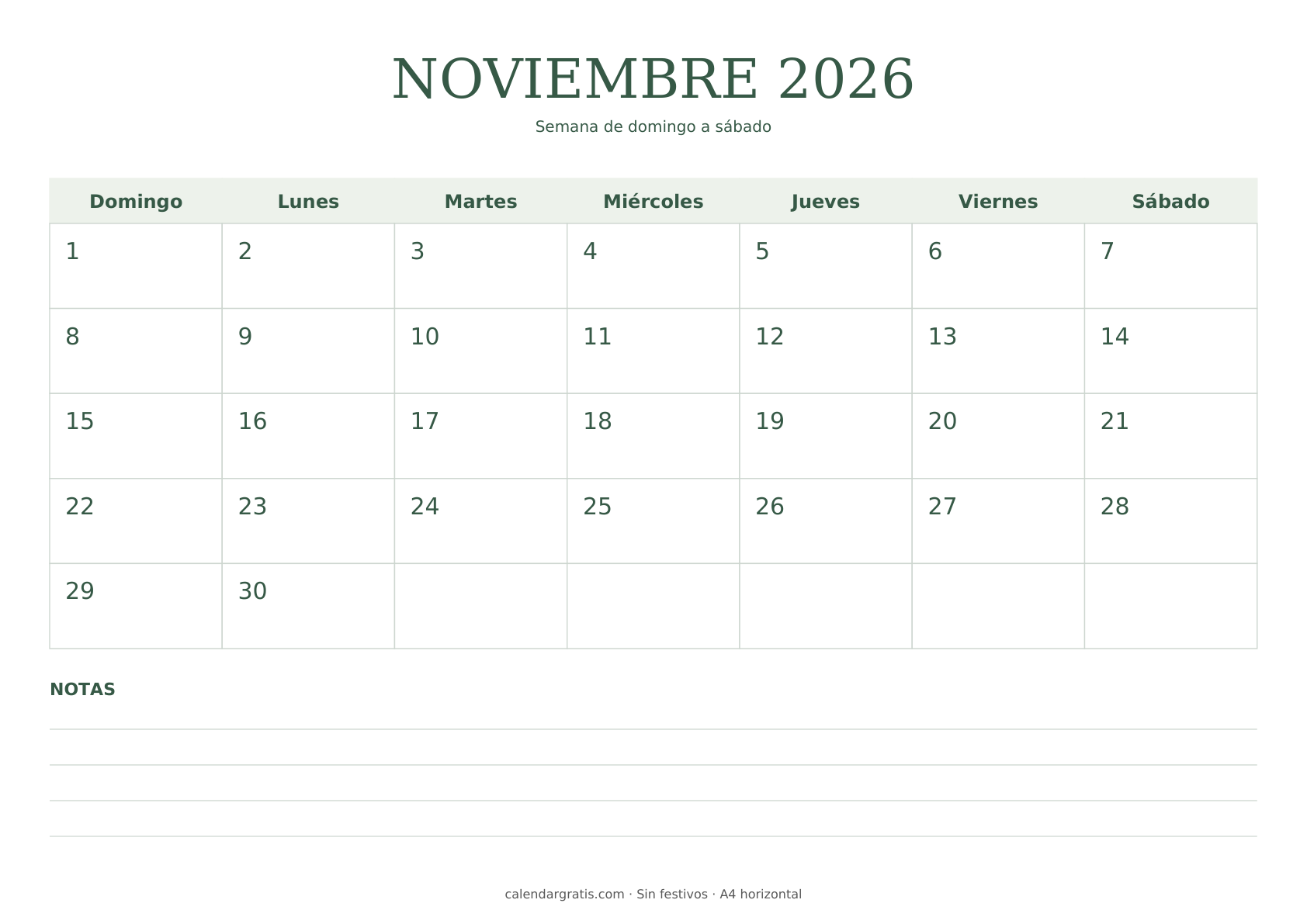 Calendario de noviembre de 2026 en tonos salvia, con notas al pie e inicio en domingo.