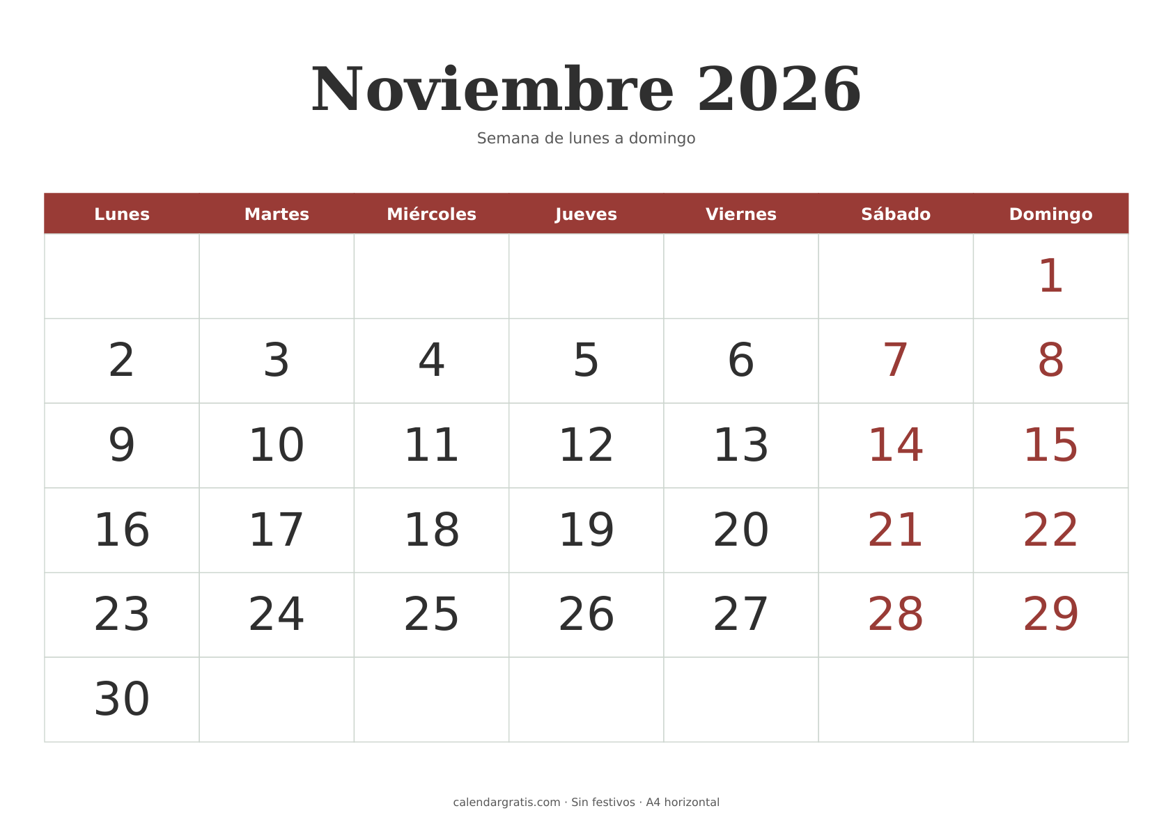 Calendario de noviembre de 2026 con números grandes, seis filas y fines de semana en rojo; inicio en lunes.