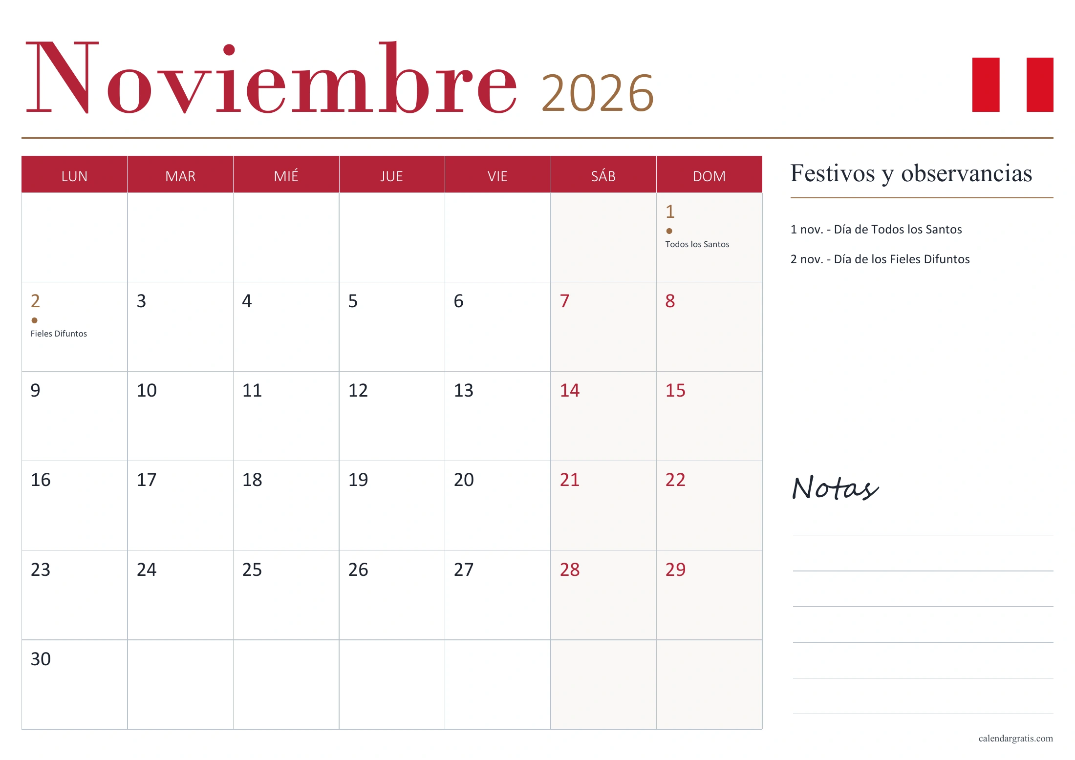 Calendario de noviembre de 2026 de Perú, con fechas señaladas, lista de festivos y observancias y espacio para notas.