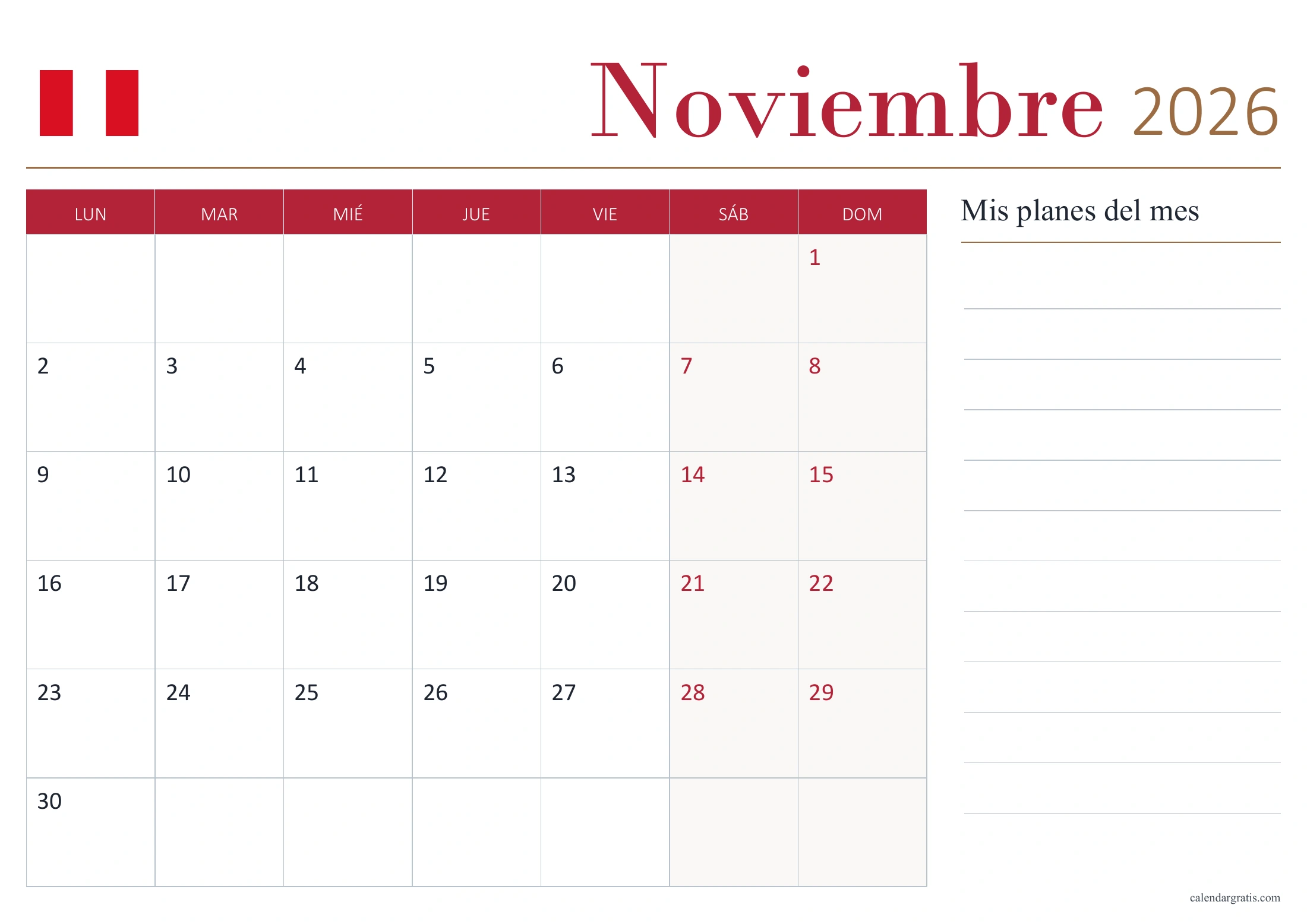 Calendario de noviembre de 2026 de Perú sin festivos, con bandera y panel «Mis planes del mes».
