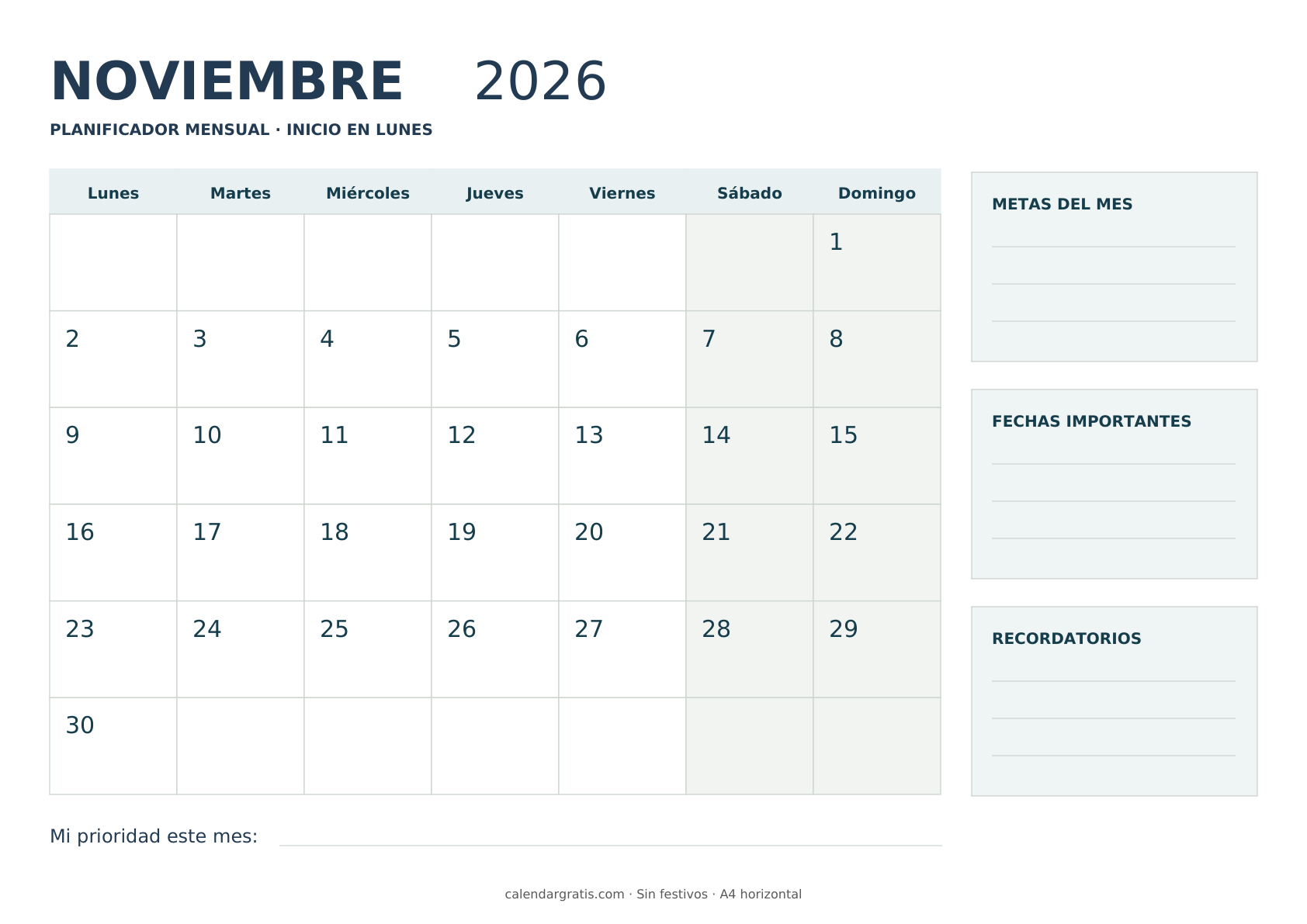 Planificador mensual de noviembre de 2026 con seis filas, metas y recordatorios; inicio en lunes.