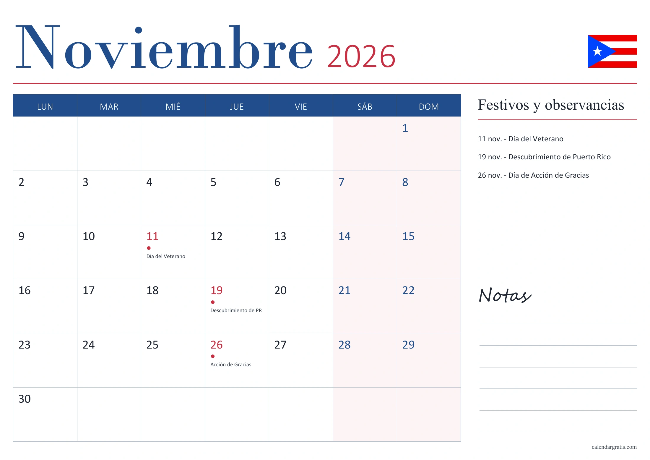 Calendario de noviembre de 2026 de Puerto Rico, con fechas señaladas, lista de festivos y observancias y espacio para notas.
