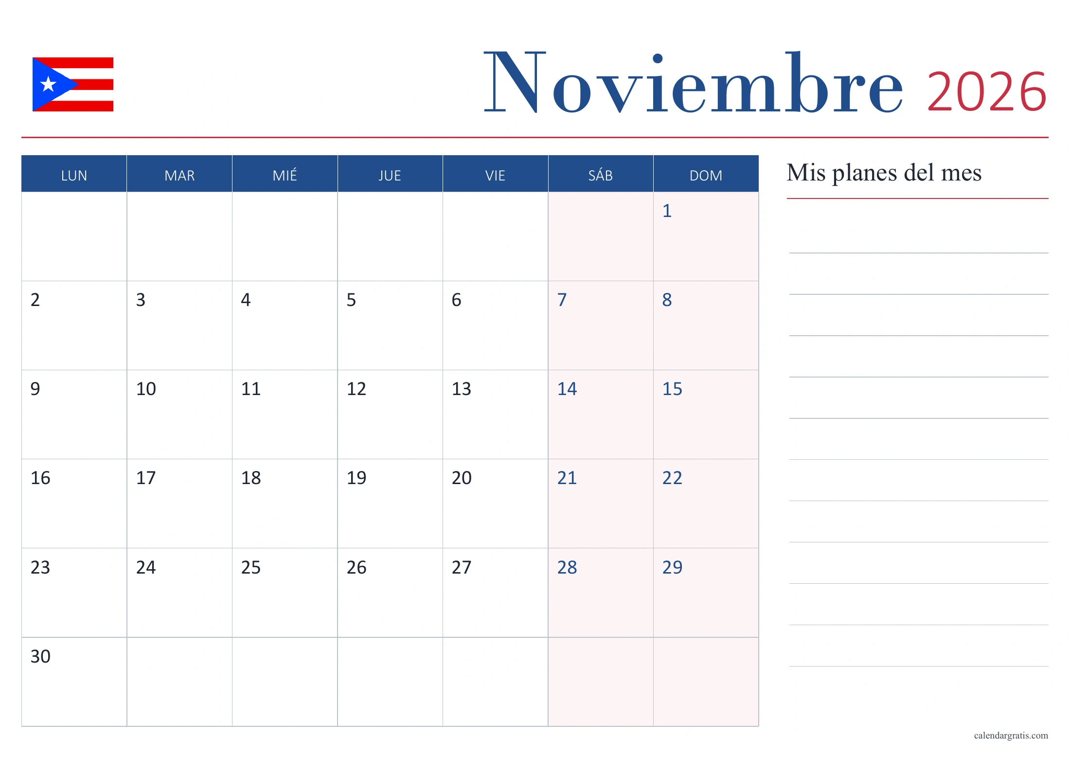 Calendario de noviembre de 2026 de Puerto Rico sin festivos, con bandera y panel «Mis planes del mes».