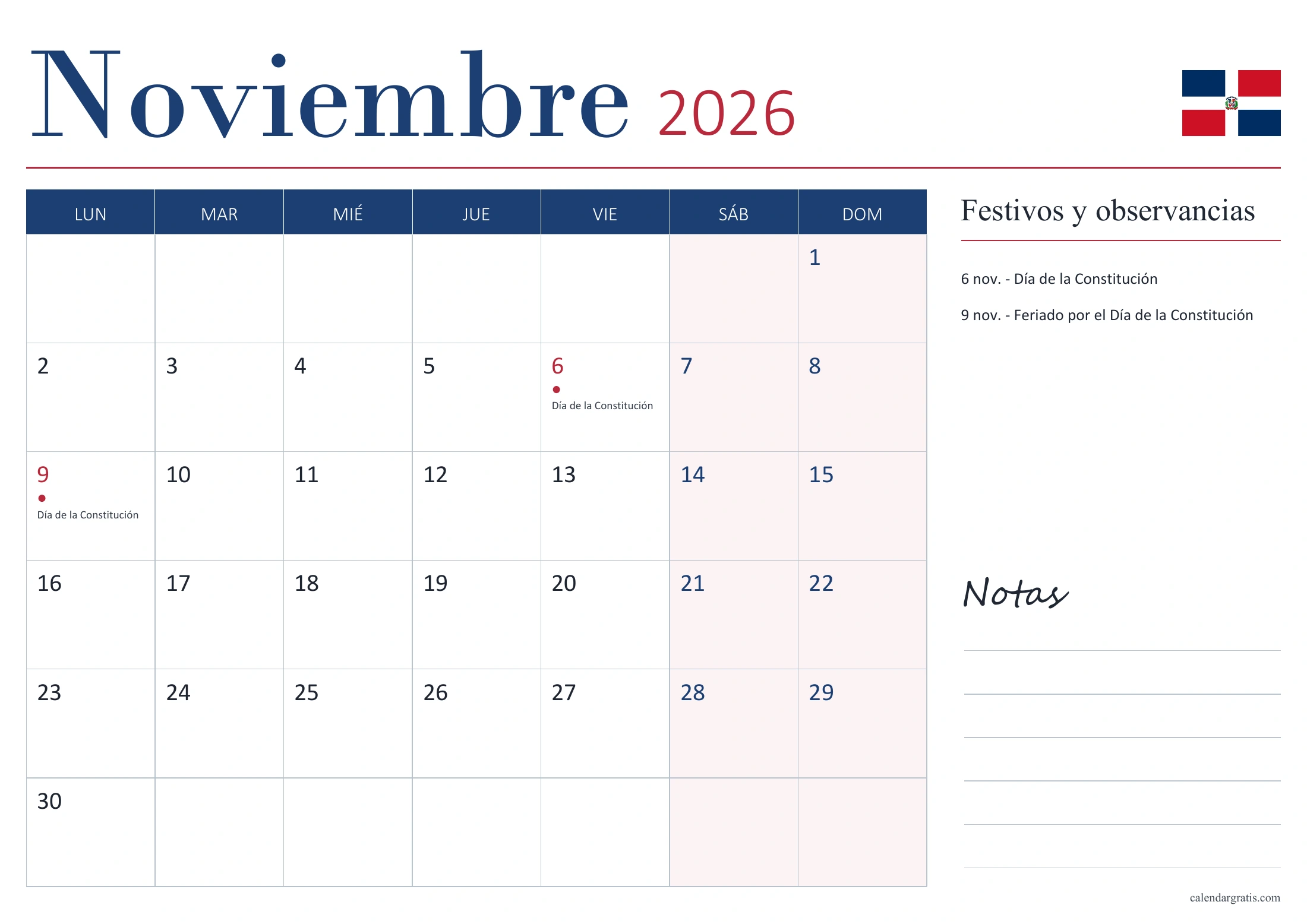 Calendario de noviembre de 2026 de República Dominicana, con fechas señaladas, lista de festivos y observancias y espacio para notas.