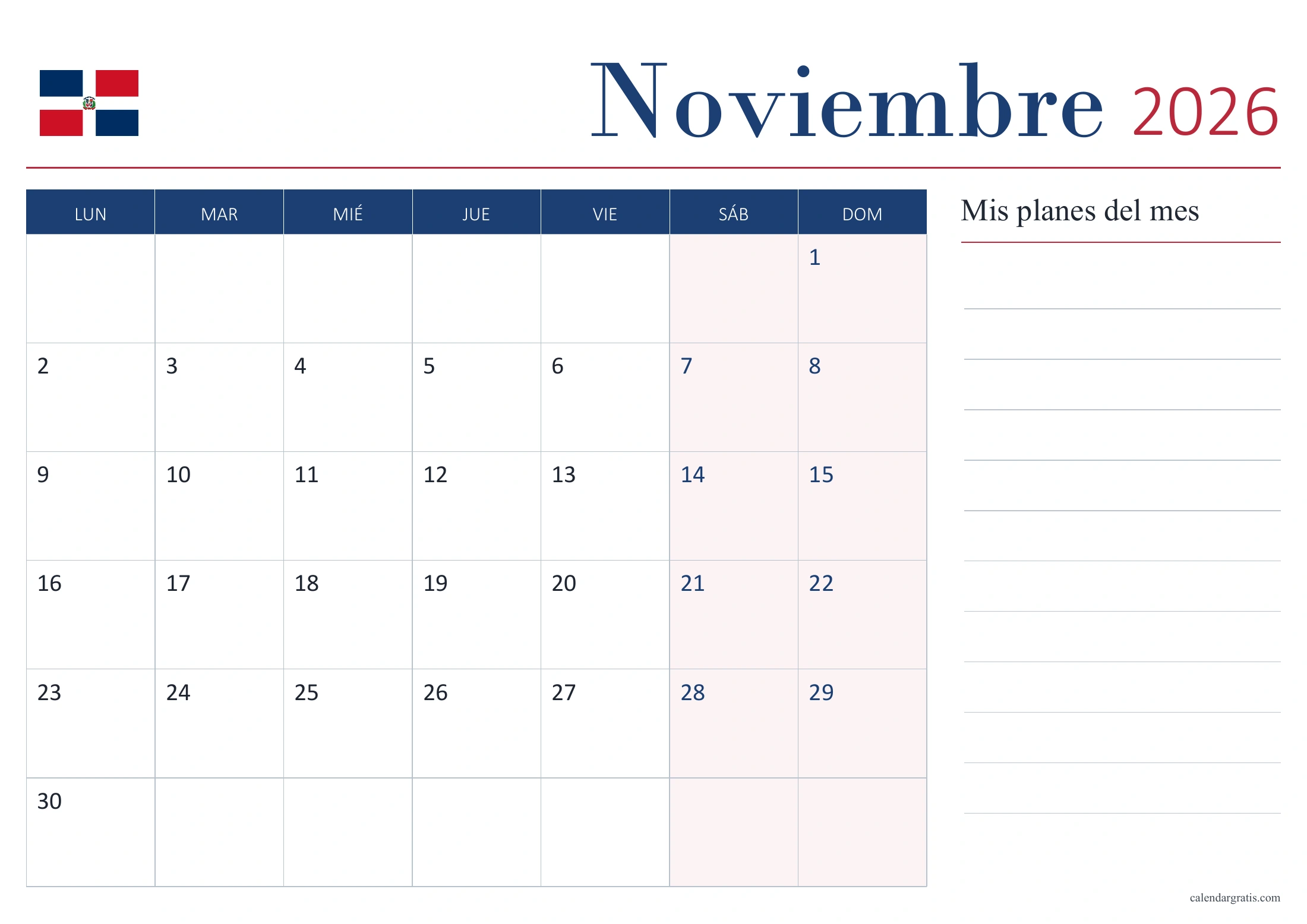 Calendario de noviembre de 2026 de República Dominicana sin festivos, con bandera y panel «Mis planes del mes».