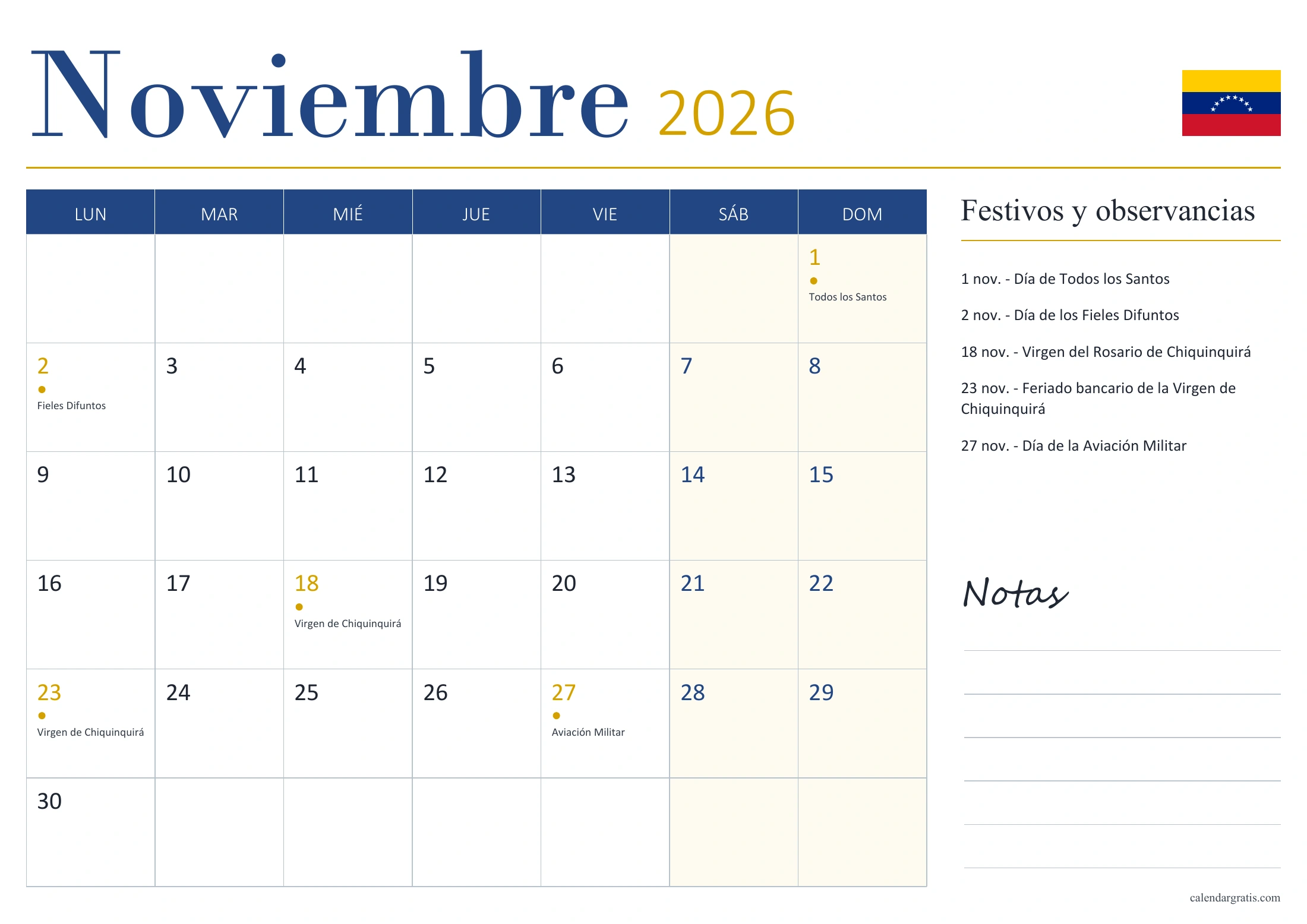 Calendario de noviembre de 2026 de Venezuela, con fechas señaladas, lista de festivos y observancias y espacio para notas.