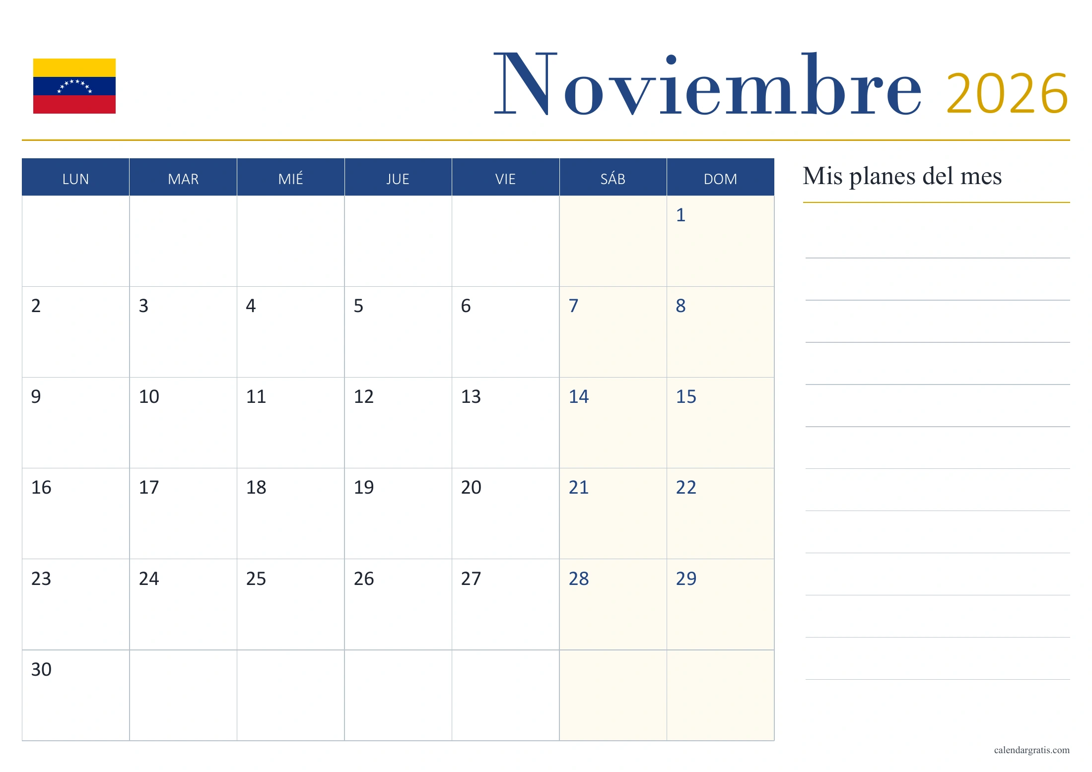 Calendario de noviembre de 2026 de Venezuela sin festivos, con bandera y panel «Mis planes del mes».