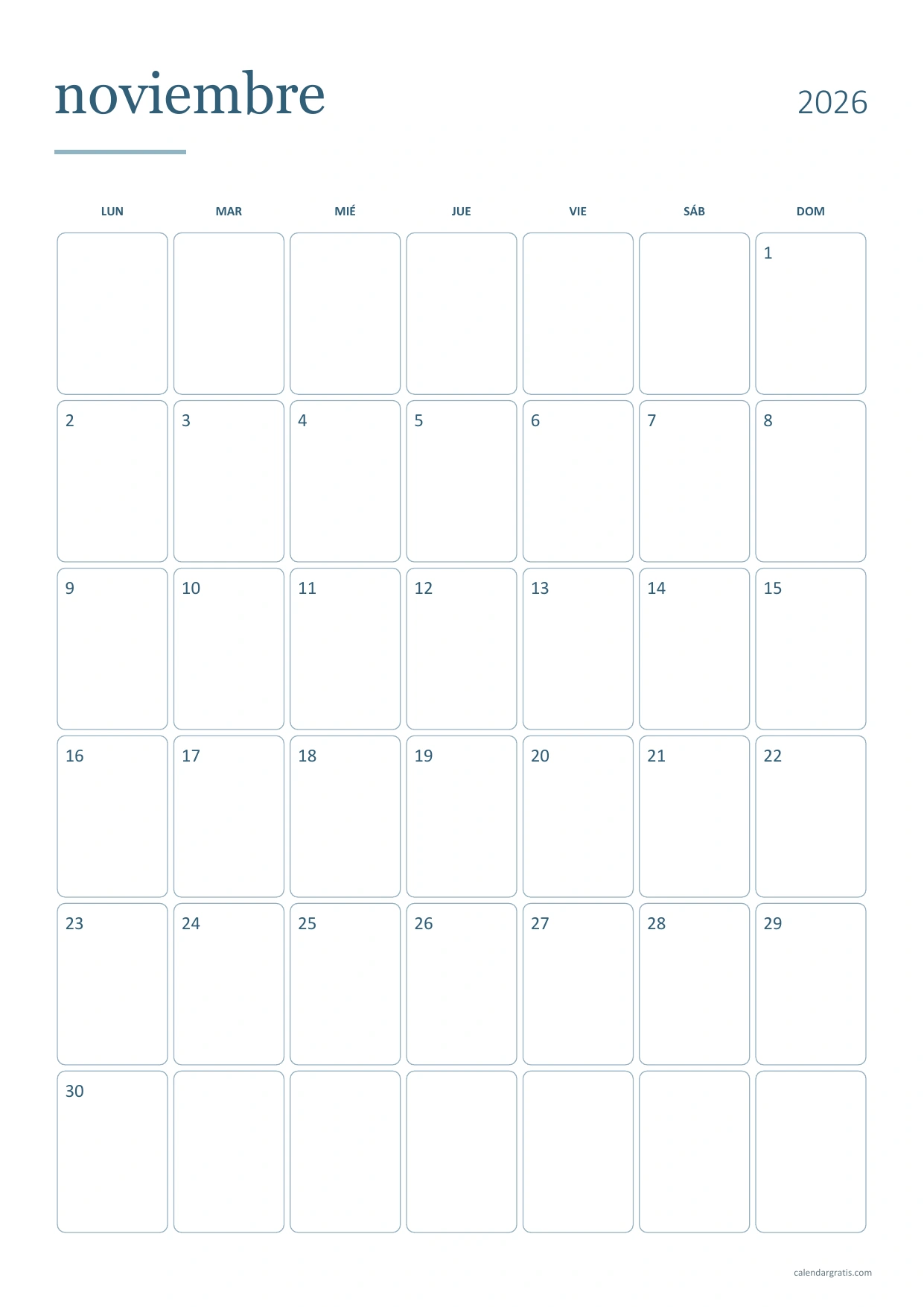 Calendario de noviembre de 2026 vertical con casillas redondeadas separadas y detalles en azul.