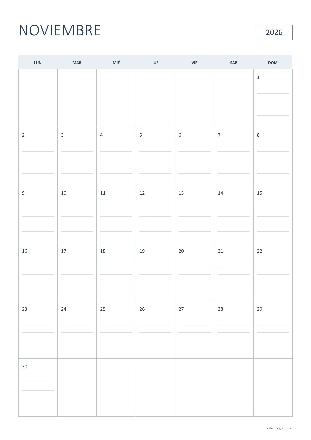 Calendario de noviembre de 2026 vertical con líneas de escritura dentro de cada día y cabecera azul grisácea.