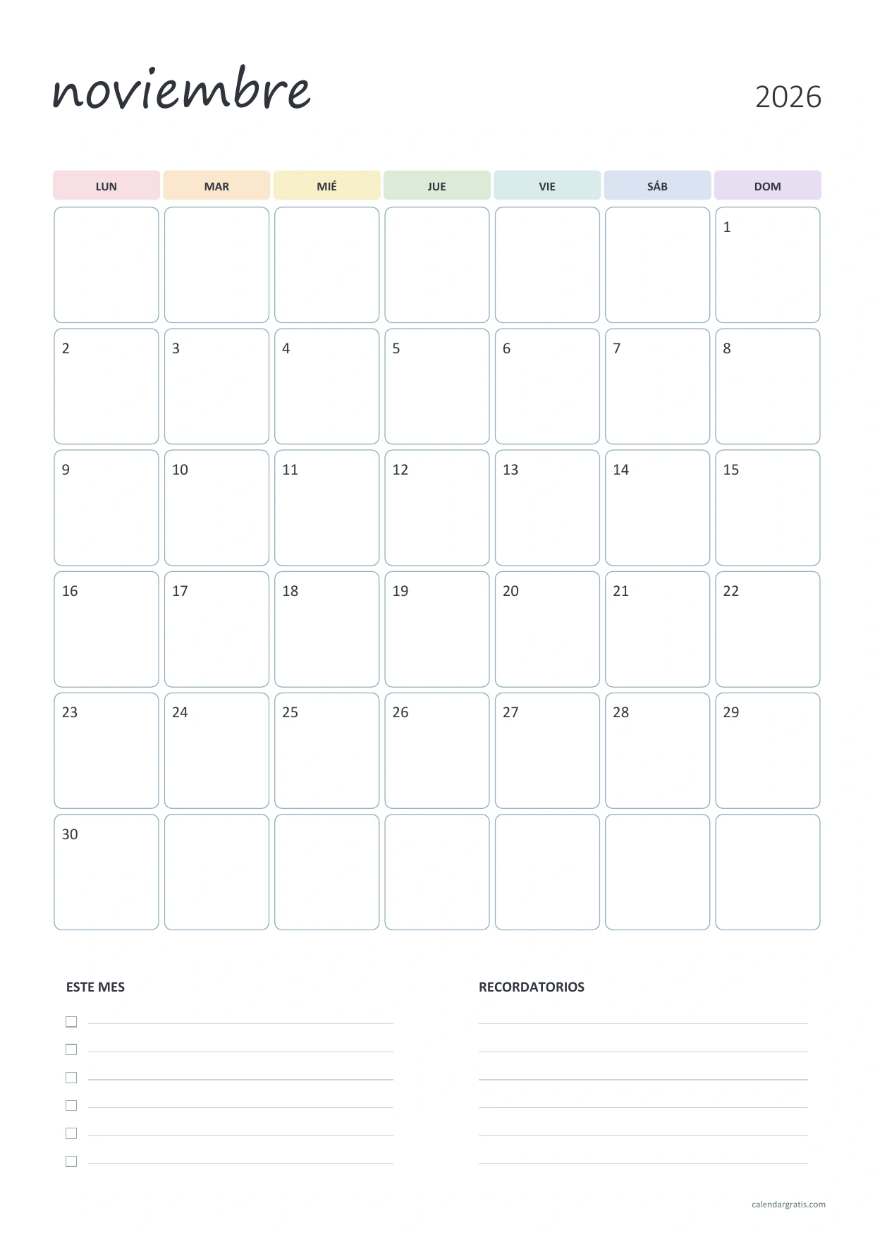 Calendario de noviembre de 2026 vertical con cabeceras de colores suaves y listas inferiores para planes y recordatorios.