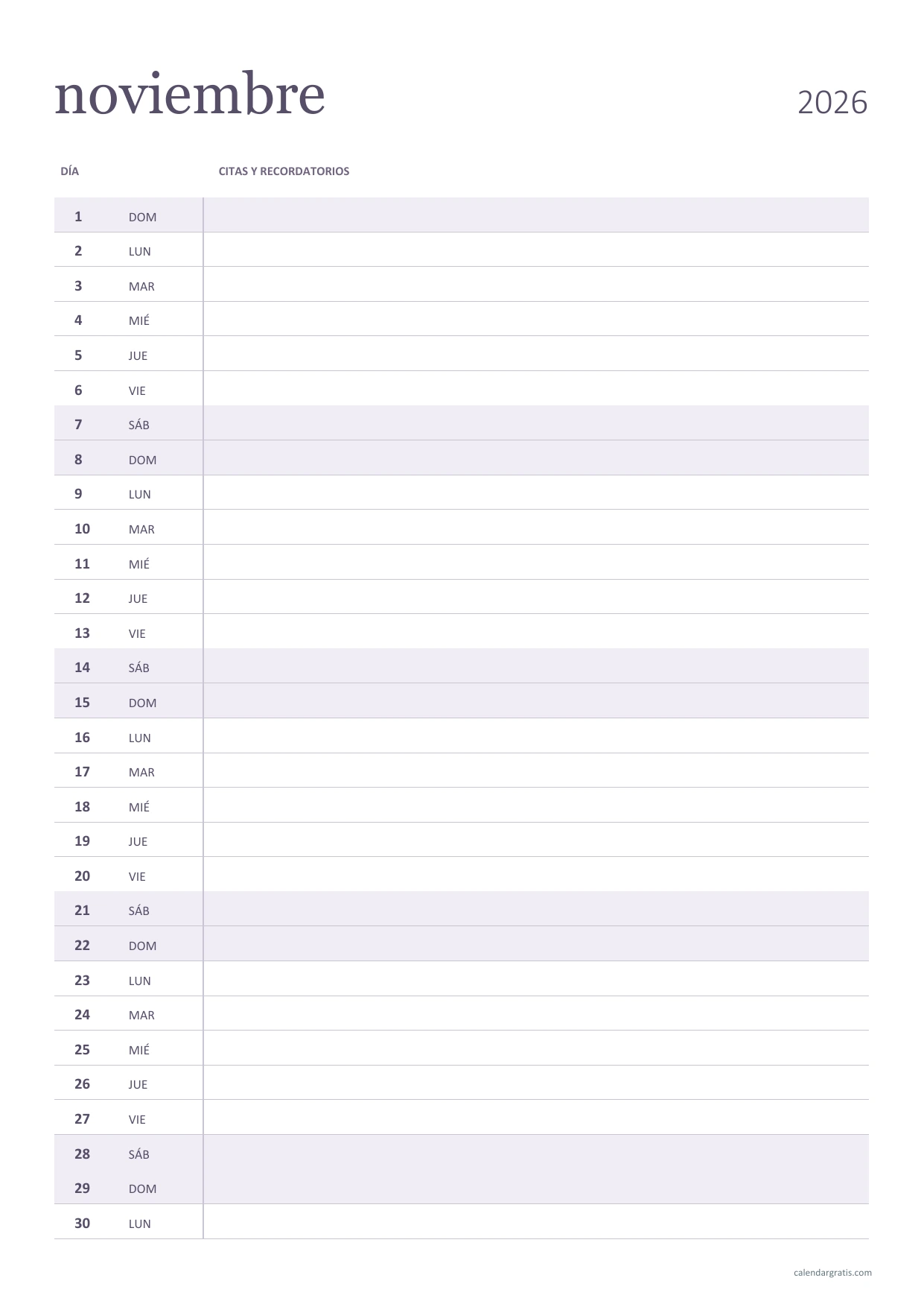 Calendario de noviembre de 2026 vertical en formato de lista del 1 al 30, con días de la semana y fines de semana sombreados.