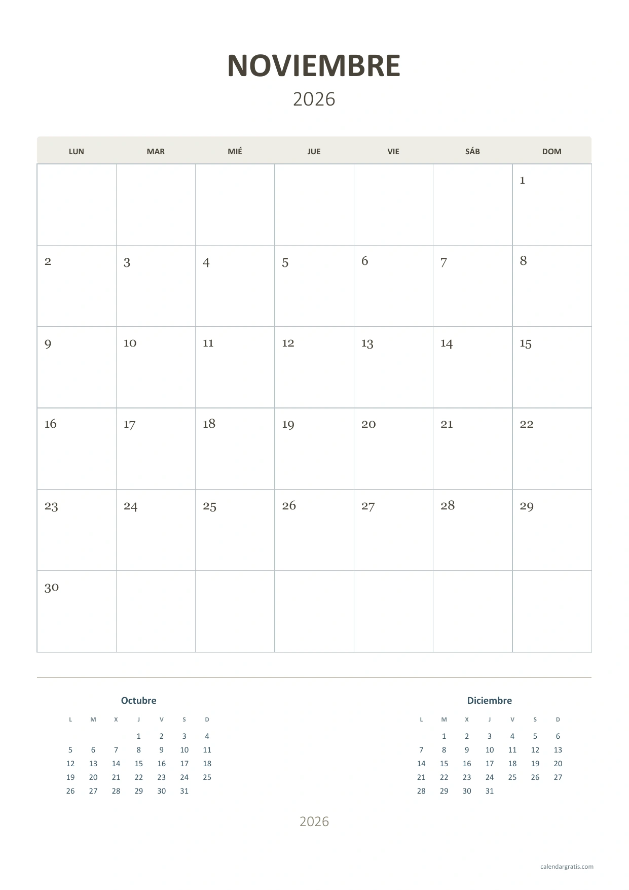 Calendario de noviembre de 2026 vertical con cuadrícula principal de noviembre y minicalendarios de octubre y diciembre de 2026.