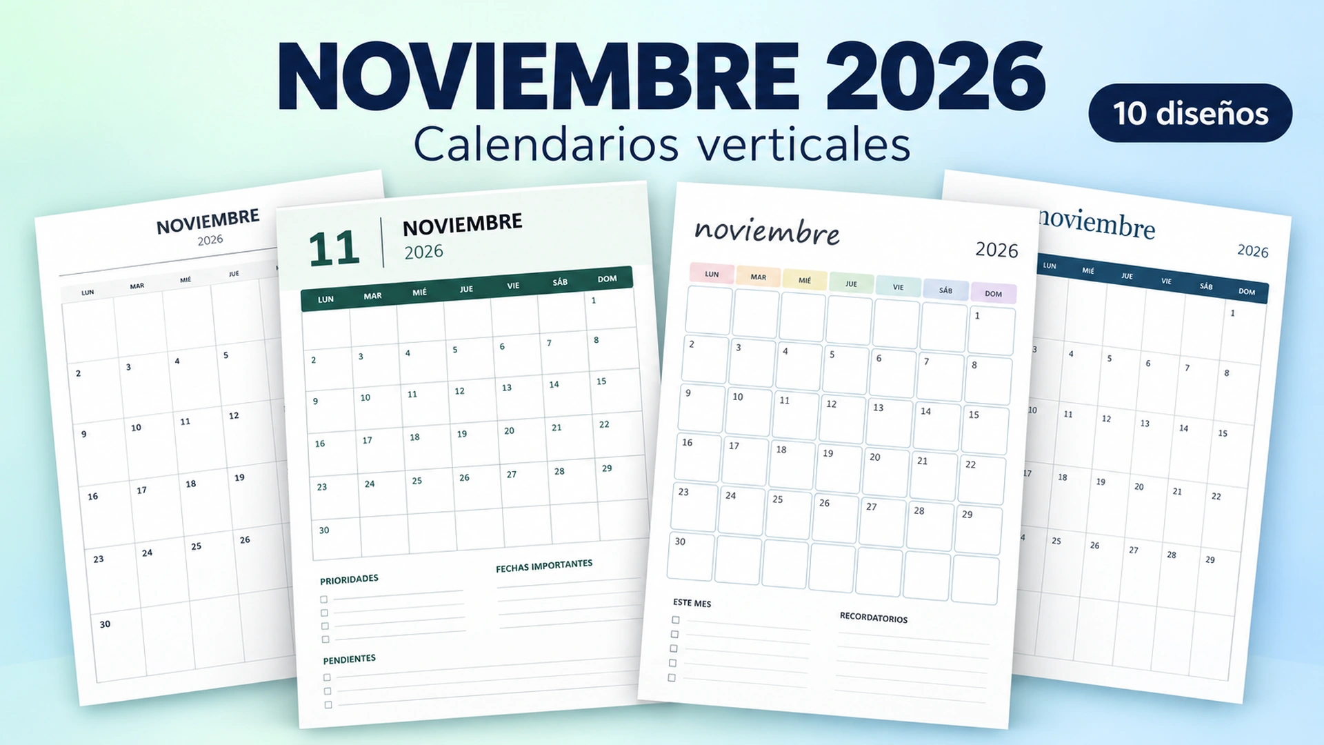 Conjunto de calendarios verticales de noviembre de 2026, con diseños sencillos, notas, tonos pastel y semanas ISO sobre un fondo degradado verde y azul.