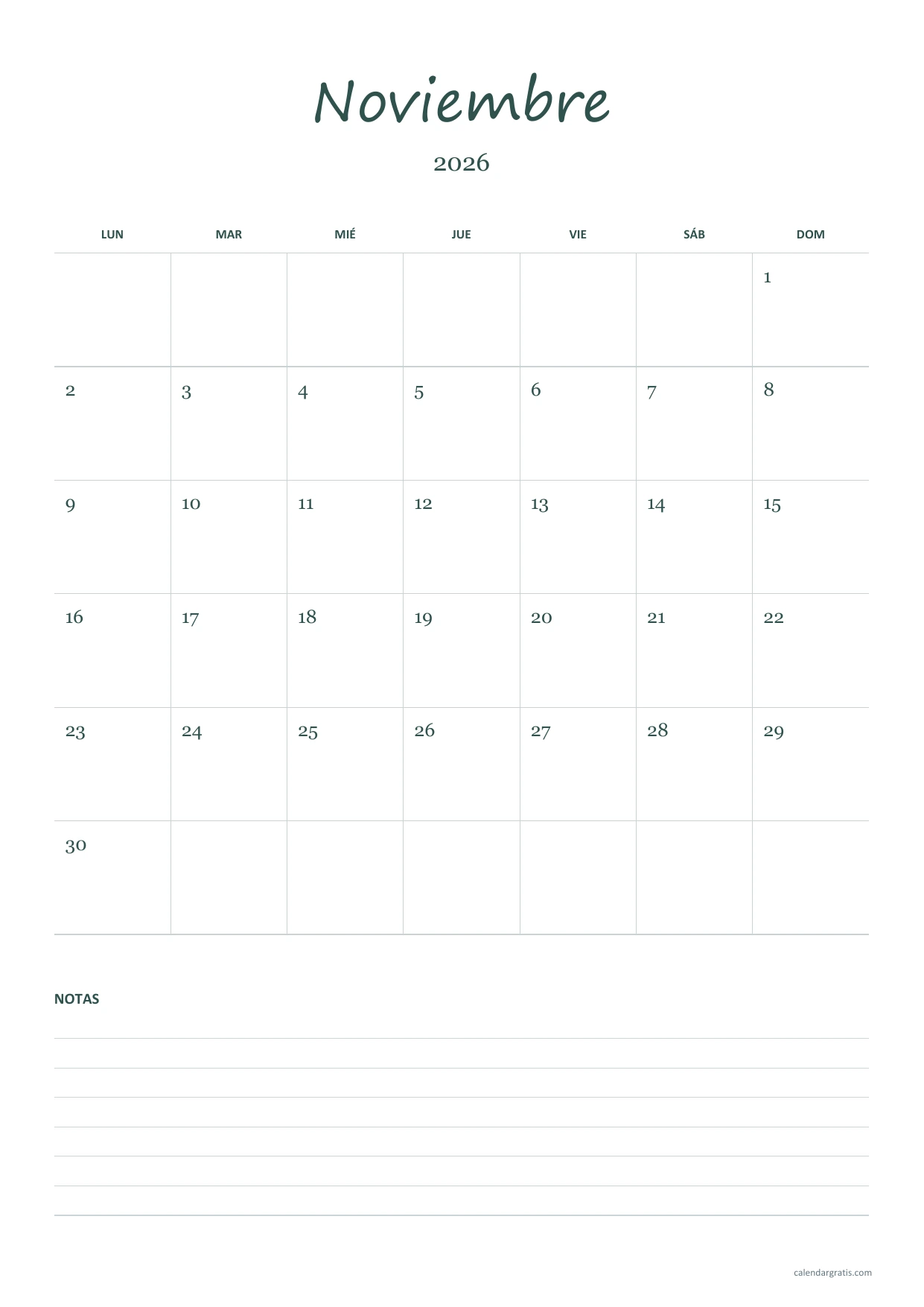 Calendario de noviembre de 2026 vertical con título manuscrito, cuadrícula abierta y notas con renglones en la parte inferior.