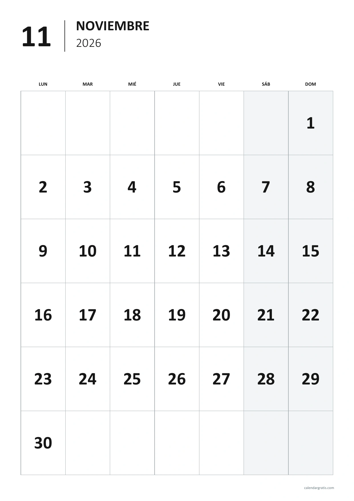 Calendario de noviembre de 2026 vertical con números grandes centrados y fines de semana con fondo gris suave.