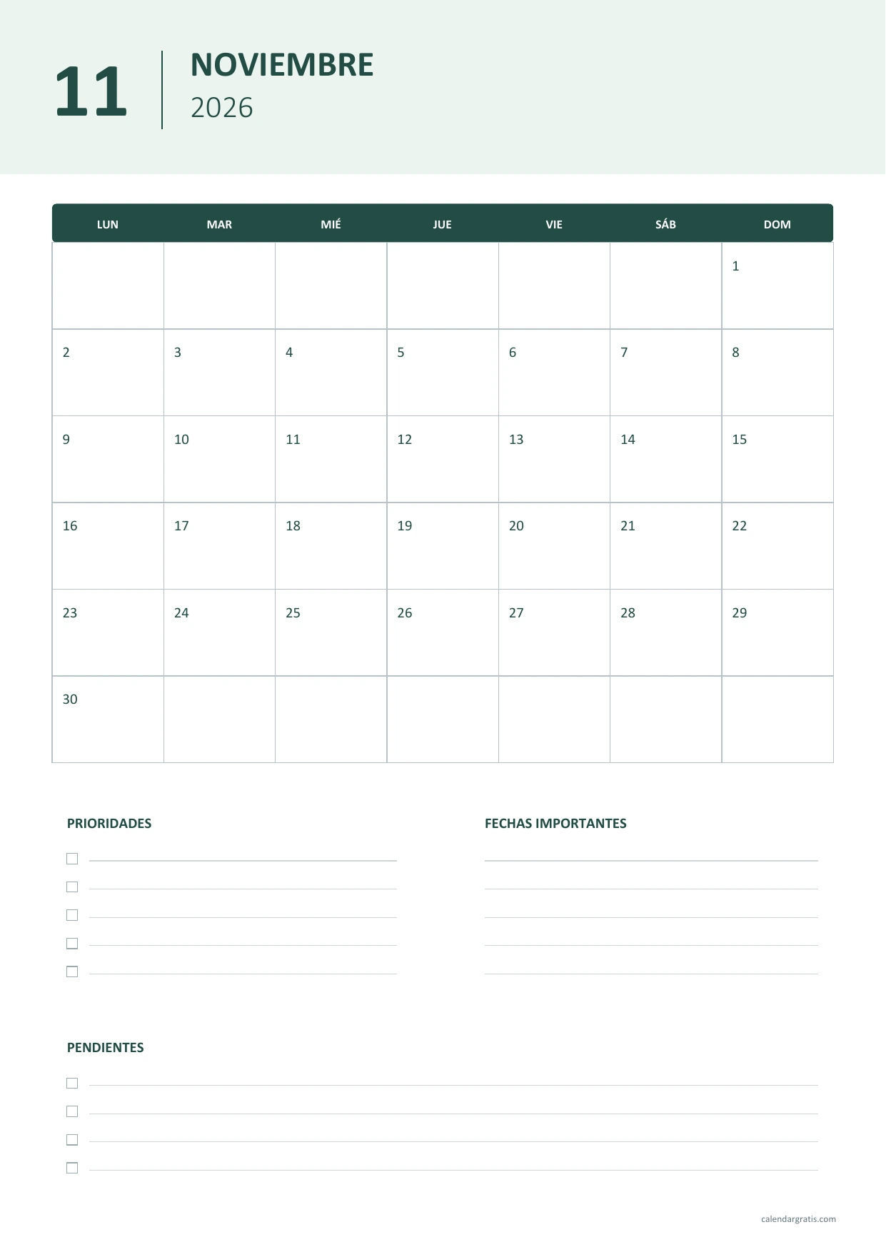 Calendario de noviembre de 2026 vertical con detalles salvia y espacios para prioridades, fechas importantes y pendientes.