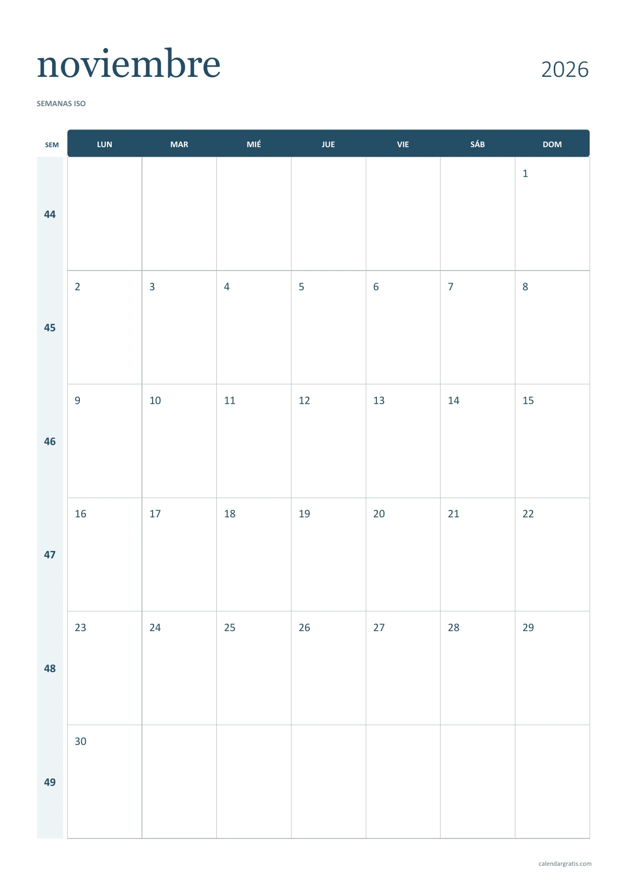 Calendario de noviembre de 2026 vertical con columna lateral para las semanas ISO 44 a 49.