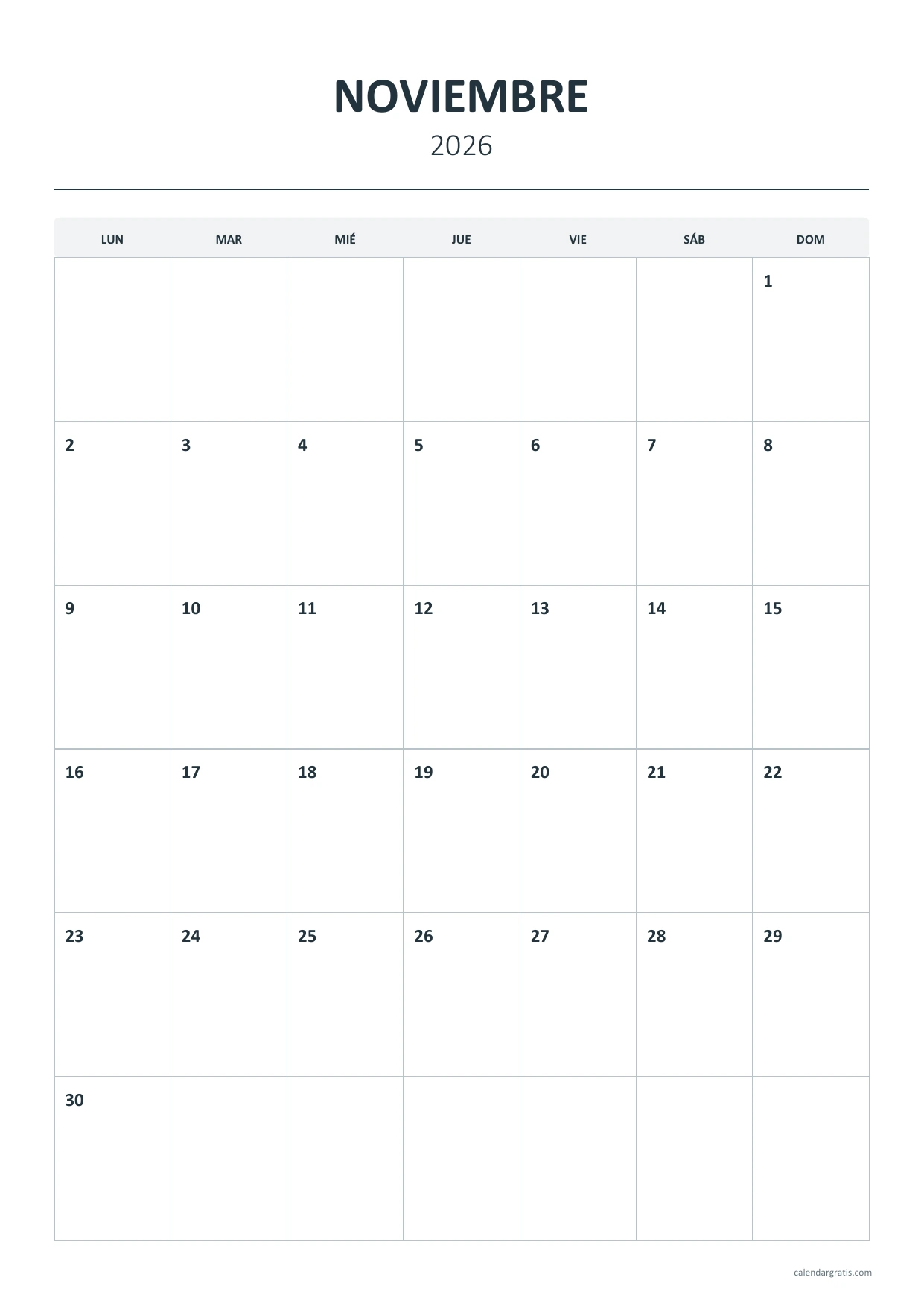 Calendario de noviembre de 2026 vertical con cuadrícula de seis filas y fechas pequeñas para escribir a mano.