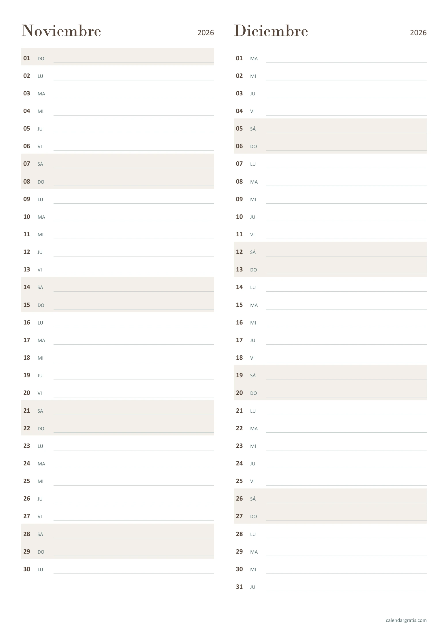 Calendario de noviembre y diciembre de 2026: agenda de 61 días, en formato vertical.