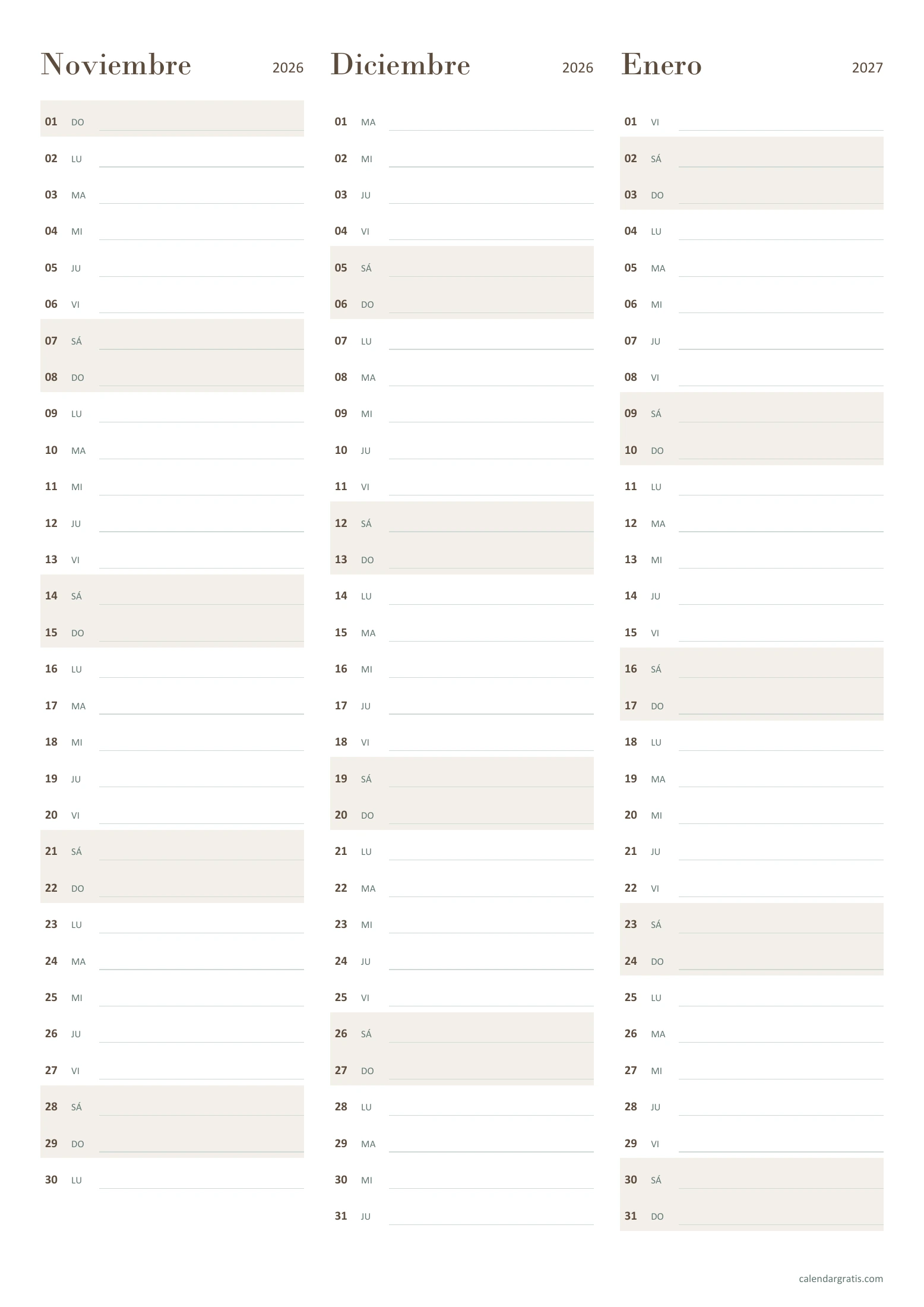 Calendario trimestral de noviembre y diciembre de 2026 y enero de 2027, agenda de 92 días, en A4 vertical.