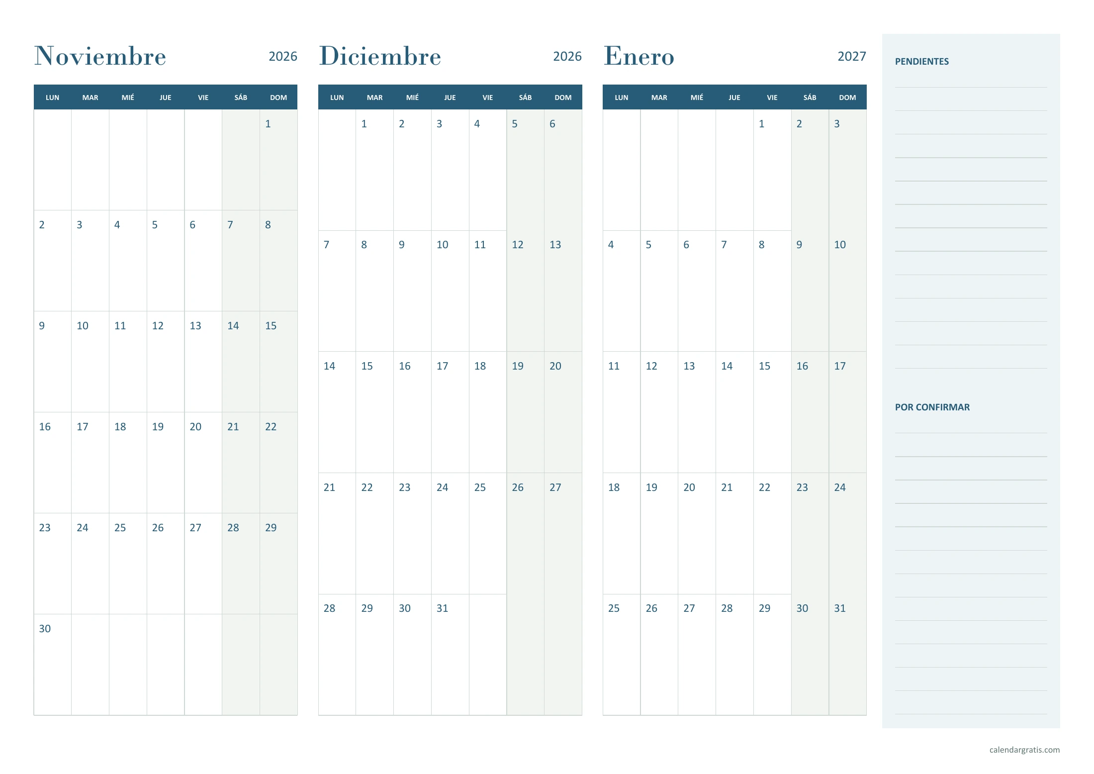 Calendario trimestral de noviembre y diciembre de 2026 y enero de 2027, tres meses con notas laterales, en A4 horizontal.
