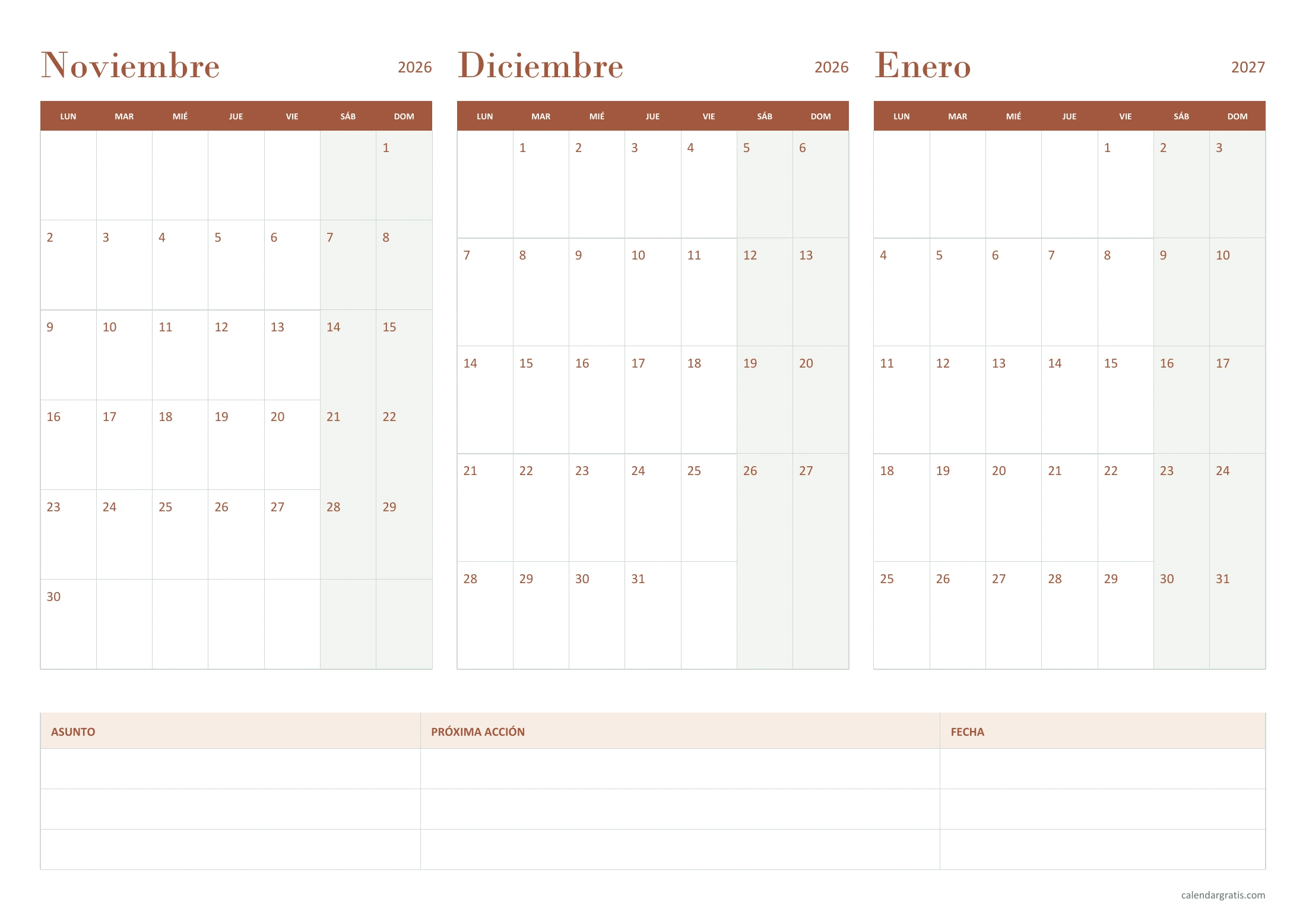 Calendario trimestral de noviembre y diciembre de 2026 y enero de 2027, planificador de tres meses, en A4 horizontal.