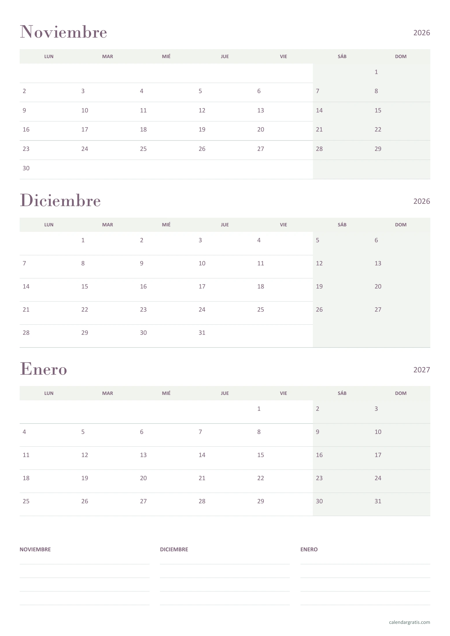 Calendario trimestral de noviembre y diciembre de 2026 y enero de 2027, prioridades por mes, en A4 vertical.