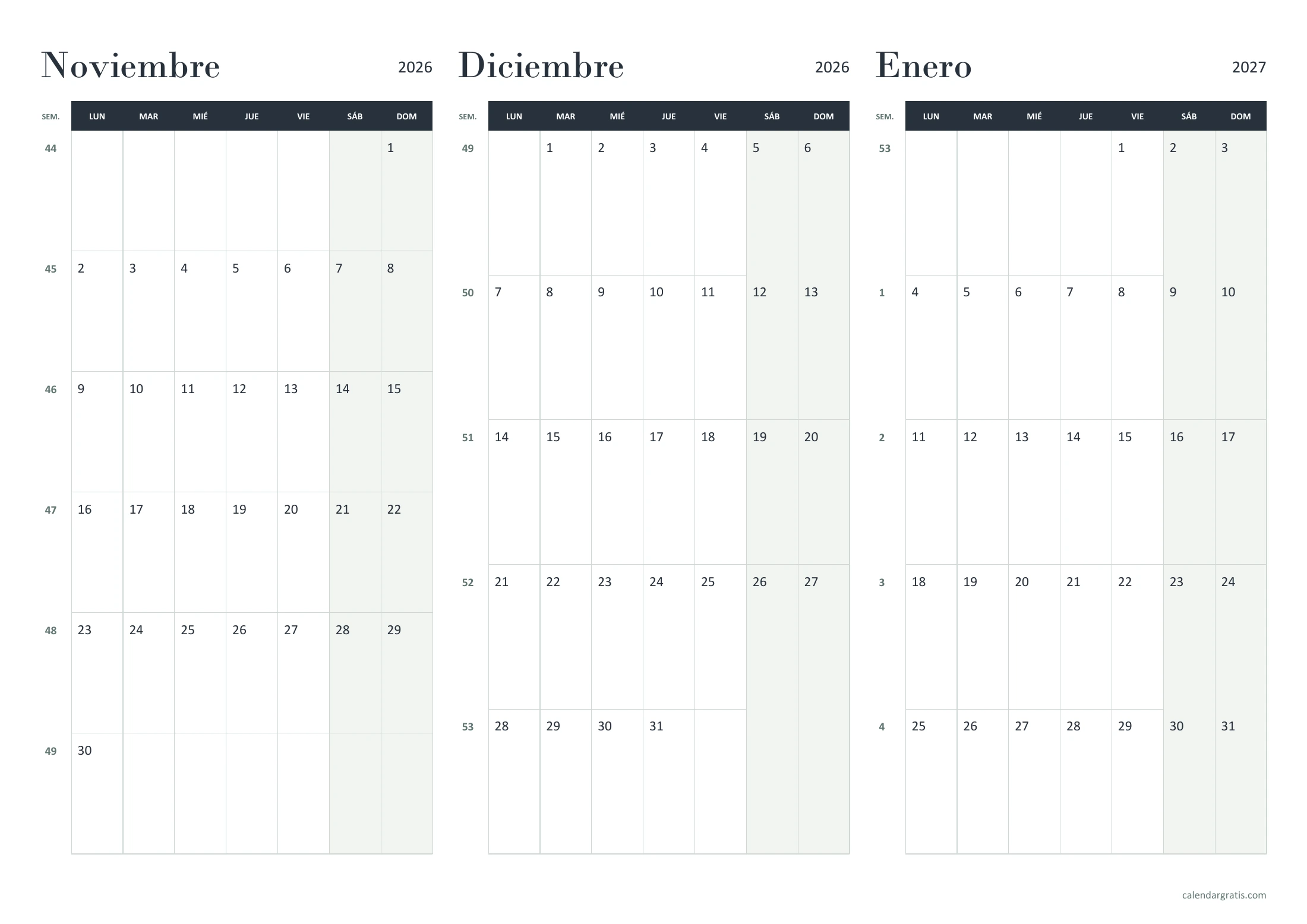 Calendario trimestral de noviembre y diciembre de 2026 y enero de 2027, tres meses con semanas iso, en A4 horizontal.
