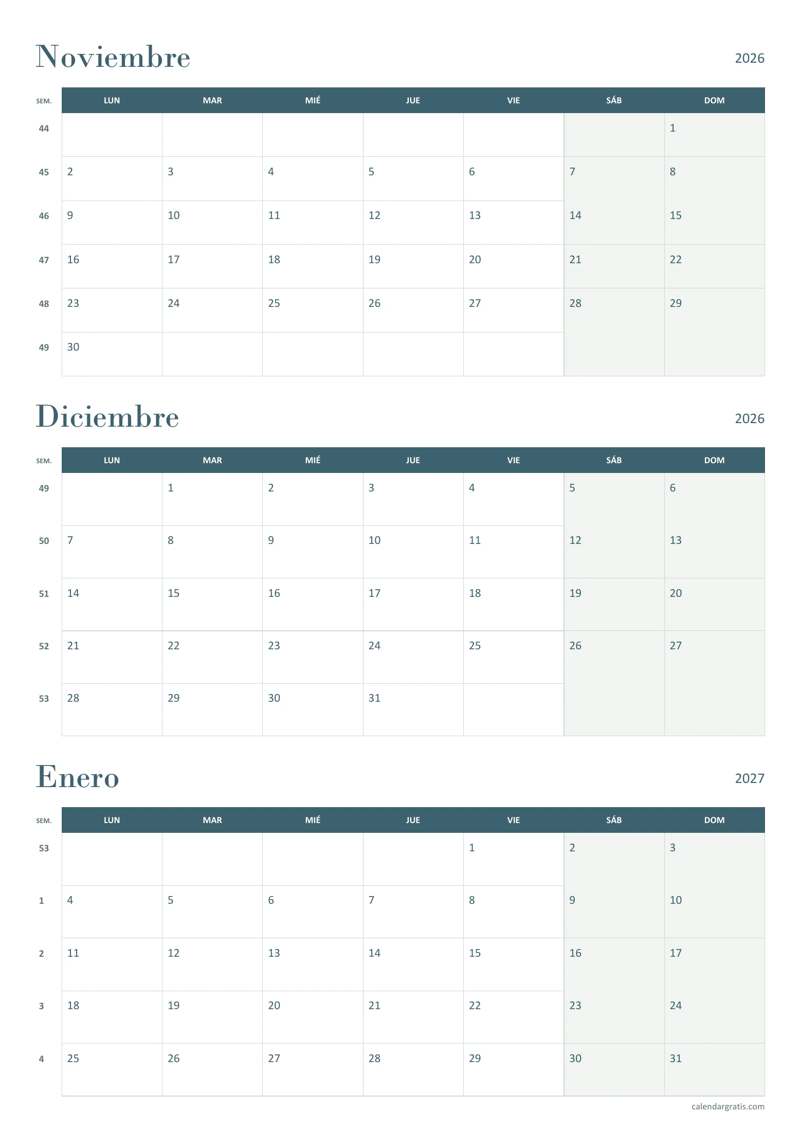 Calendario trimestral de noviembre y diciembre de 2026 y enero de 2027, tres meses en vertical, en A4 vertical.