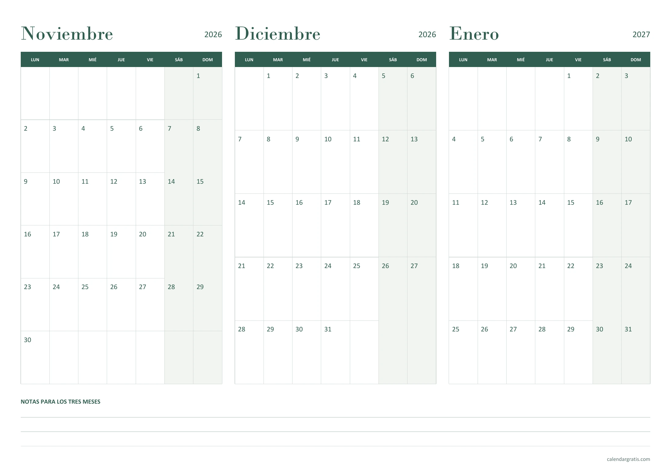 Calendario trimestral de noviembre y diciembre de 2026 y enero de 2027, vista triple, en A4 horizontal.